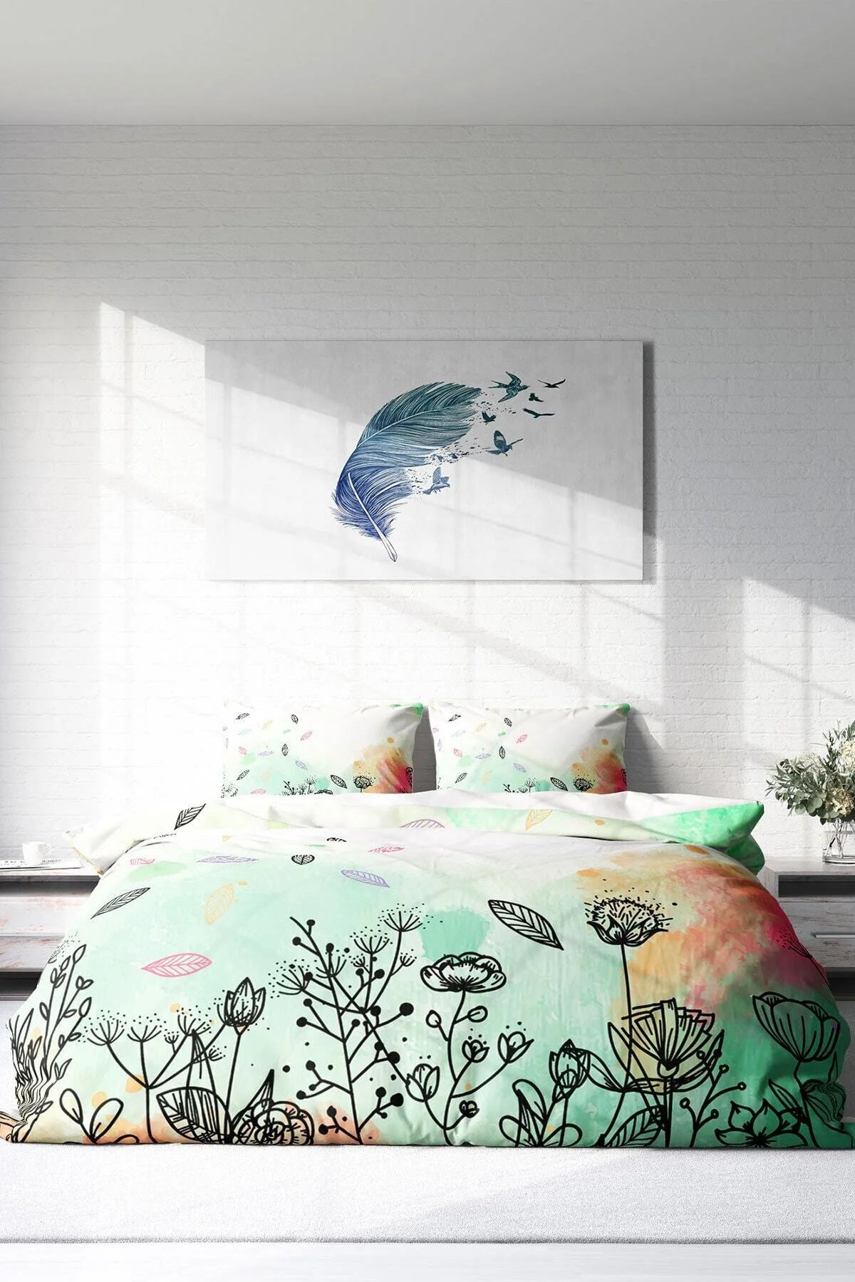 Nevresim Takımı Pamuk Saten Çift Kişilik 3D Digital Fantastic Leaves Naturel