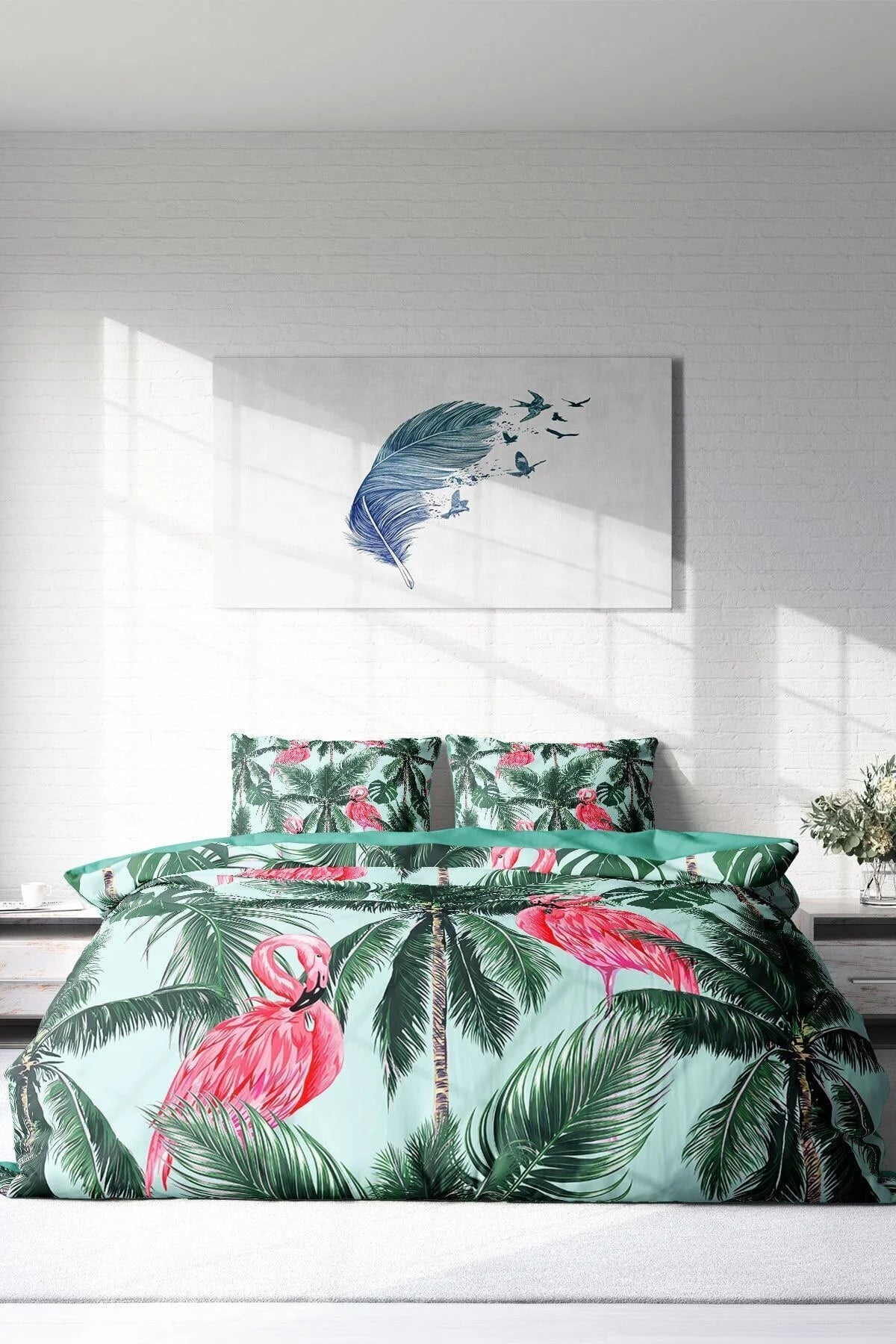 Nevresim Takımı Pamuk Saten Çift Kişilik 3D Digital Flamingo Iı