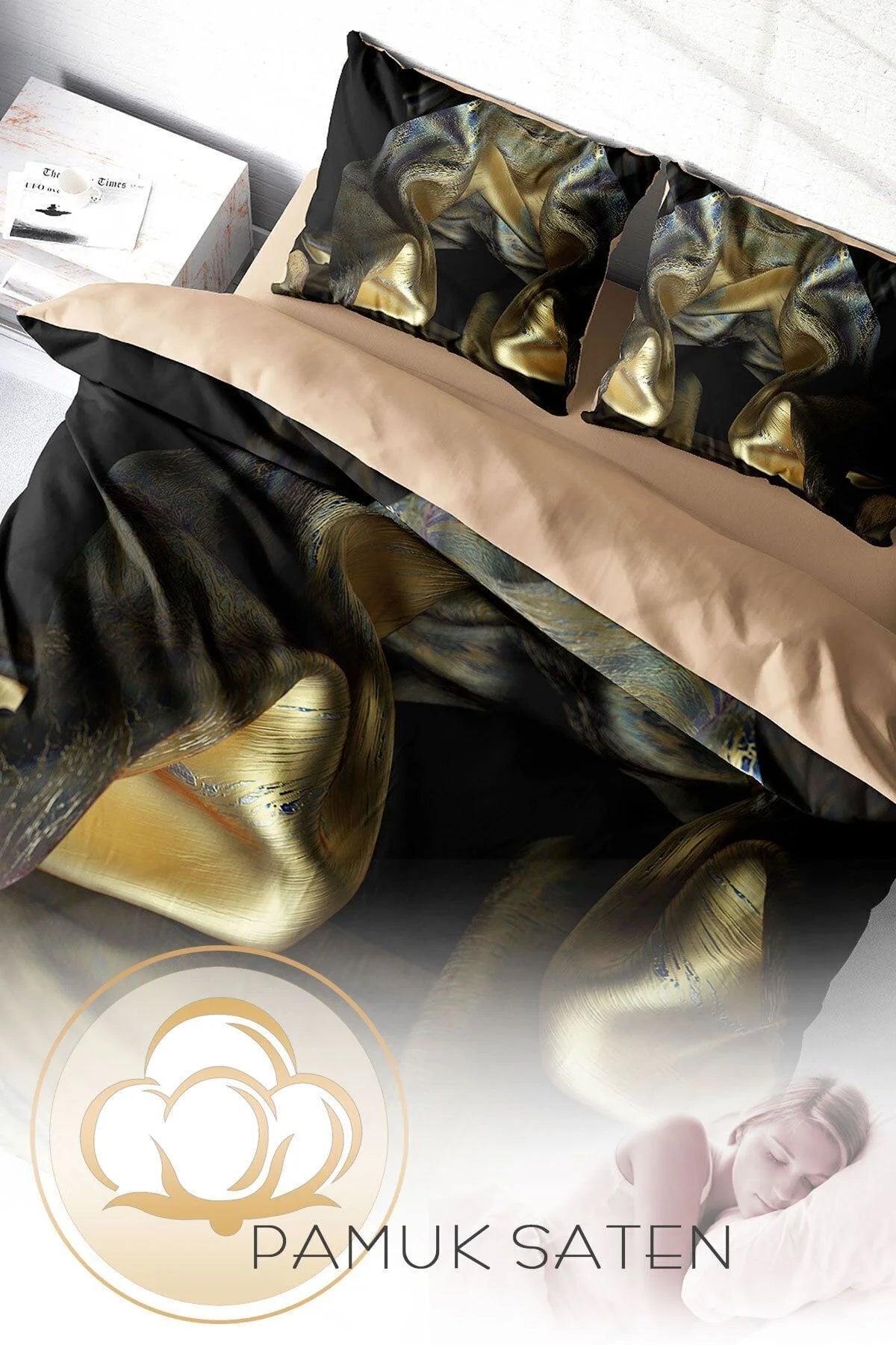 Nevresim Takımı Pamuk Saten Çift Kişilik 3D Digital Gold Cover
