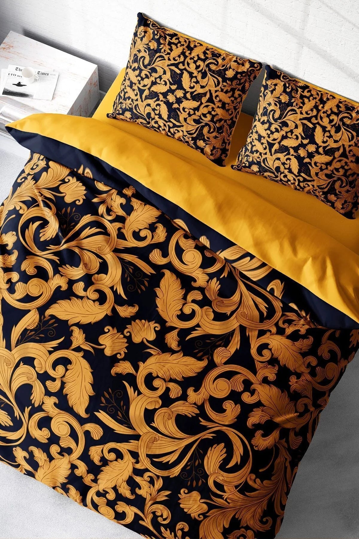 Nevresim Takımı Pamuk Saten Çift Kişilik 3D Digital Gold Floral