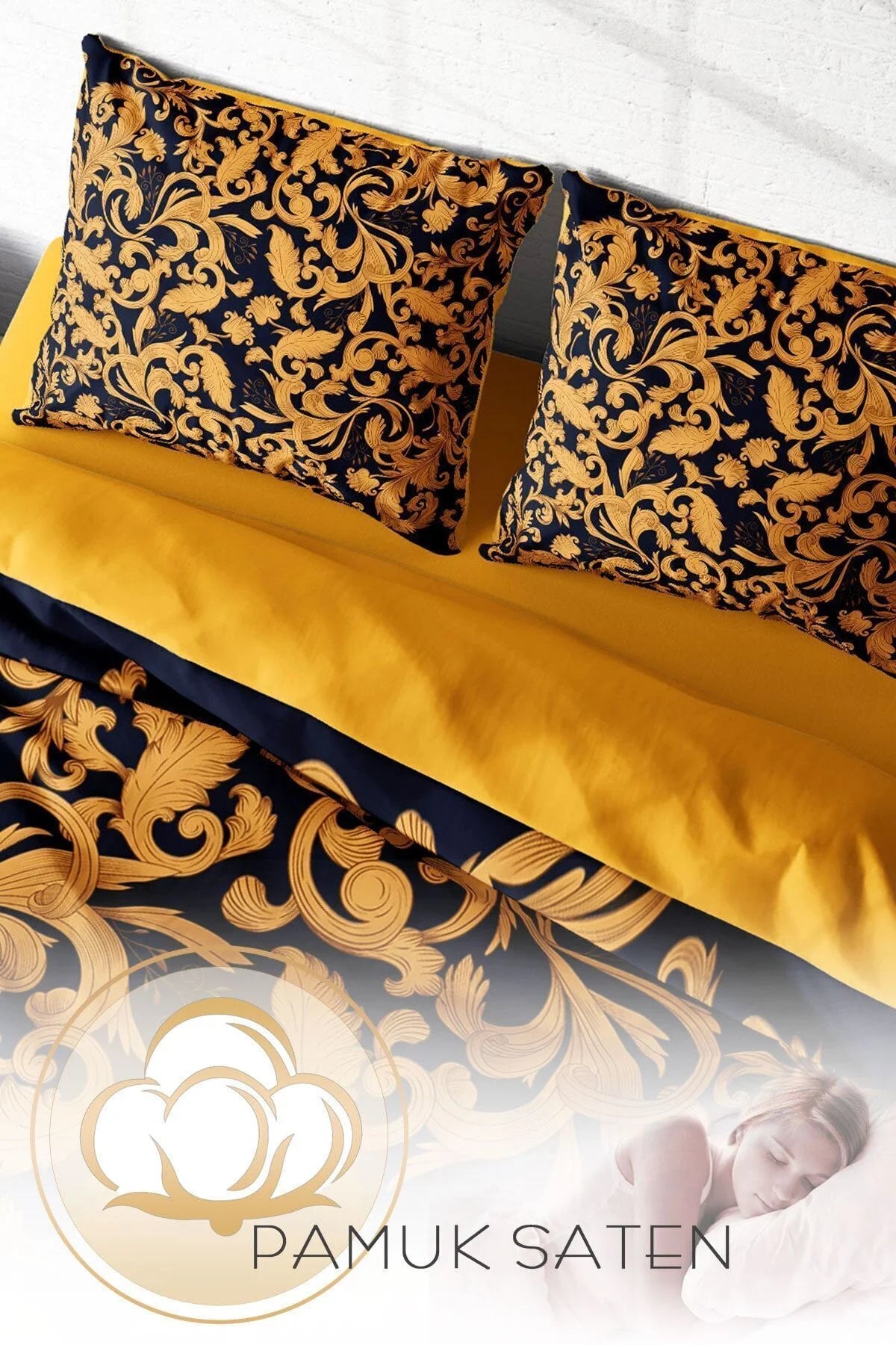 Nevresim Takımı Pamuk Saten Çift Kişilik 3D Digital Gold Floral