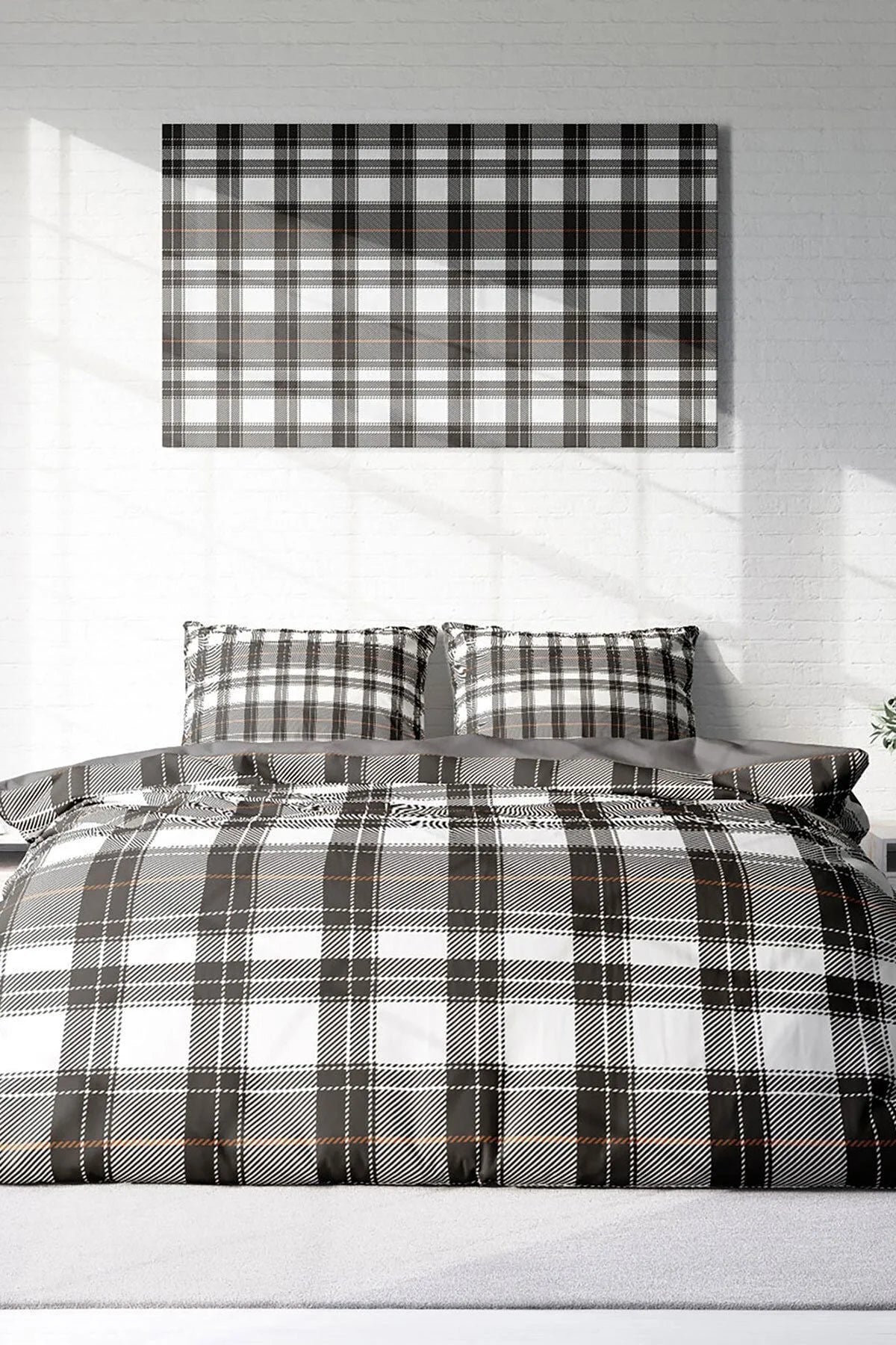 Nevresim Takımı Pamuk Saten Çift Kişilik 3D Digital Grey Ekose