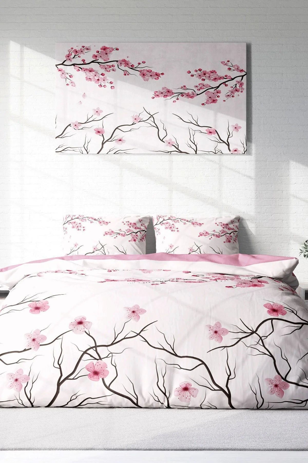 Nevresim Takımı Pamuk Saten Çift Kişilik 3D Digital Kiraz Çiçeği