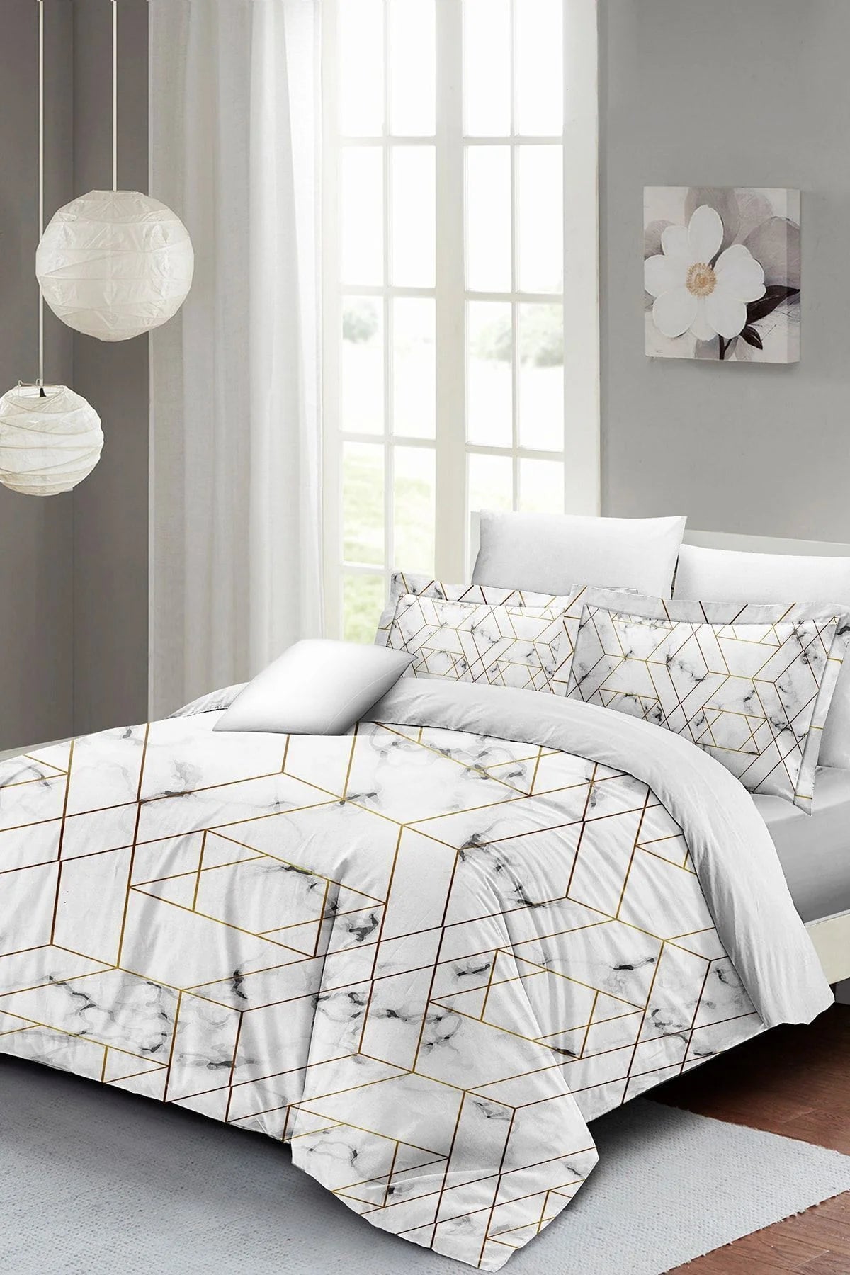 Nevresim Takımı Pamuk Saten Çift Kişilik 3D Digital Marble Geo