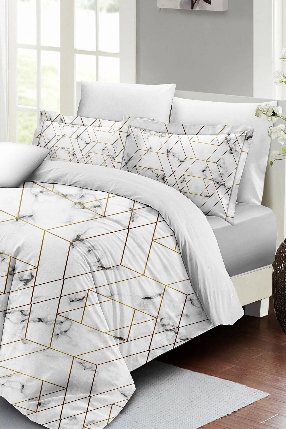 Nevresim Takımı Pamuk Saten Çift Kişilik 3D Digital Marble Geo