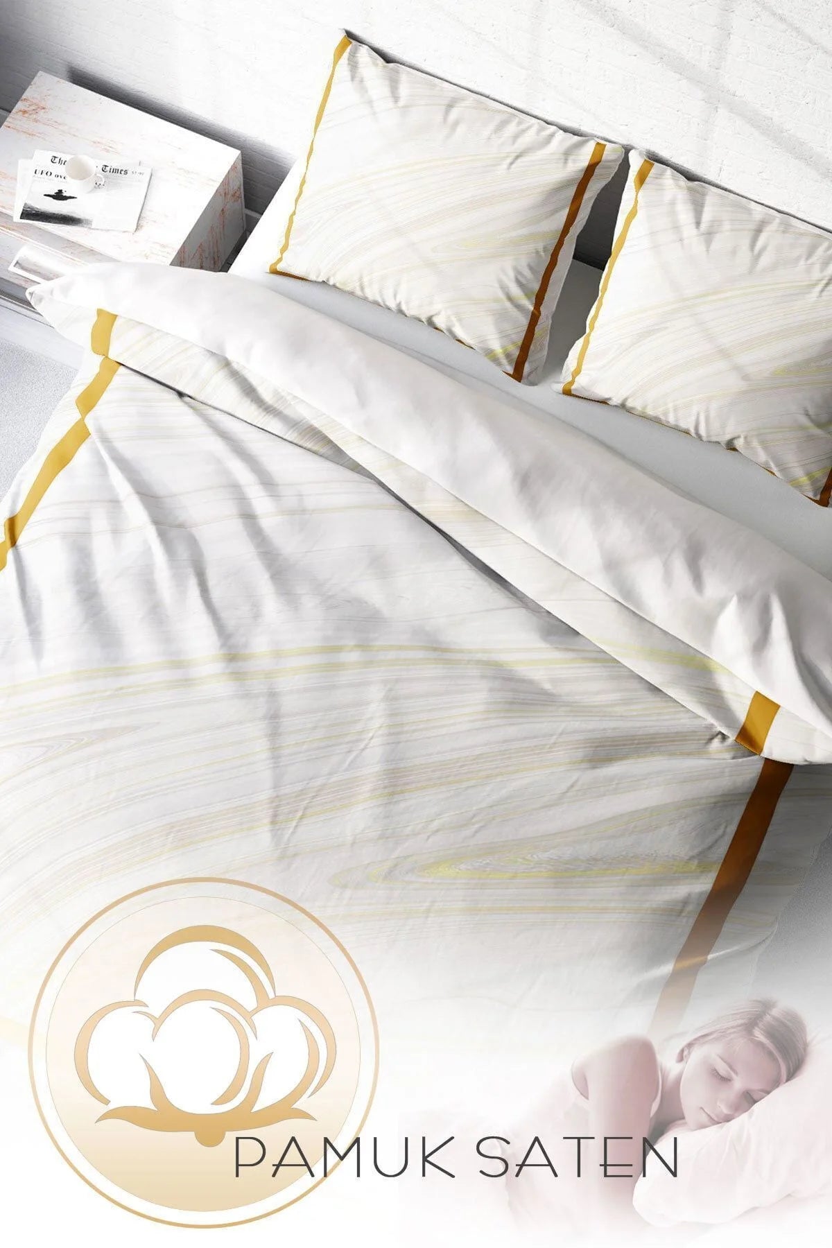 Nevresim Takımı Pamuk Saten Çift Kişilik 3D Digital Marble White