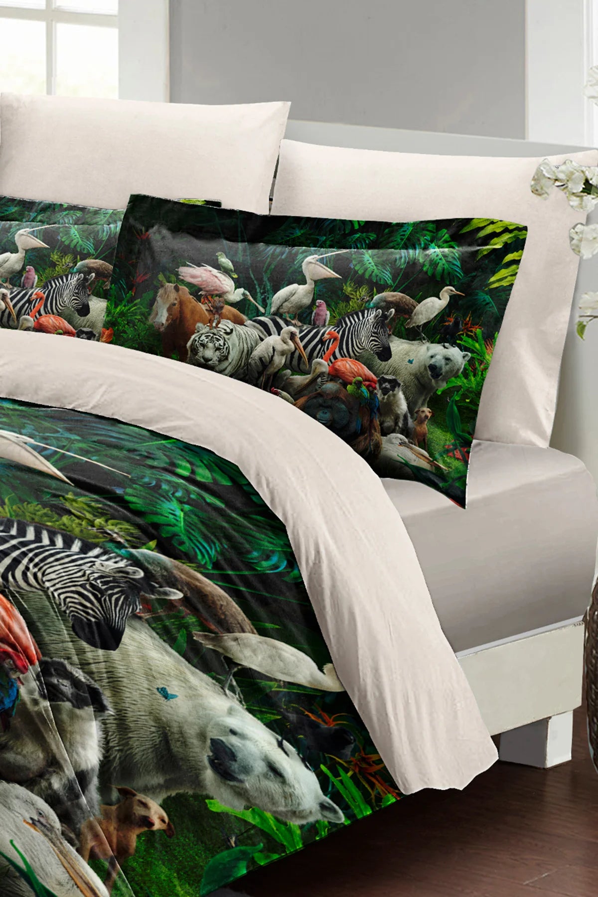 Nevresim Takımı Pamuk Saten Çift Kişilik 3D Digital Natural Zoo