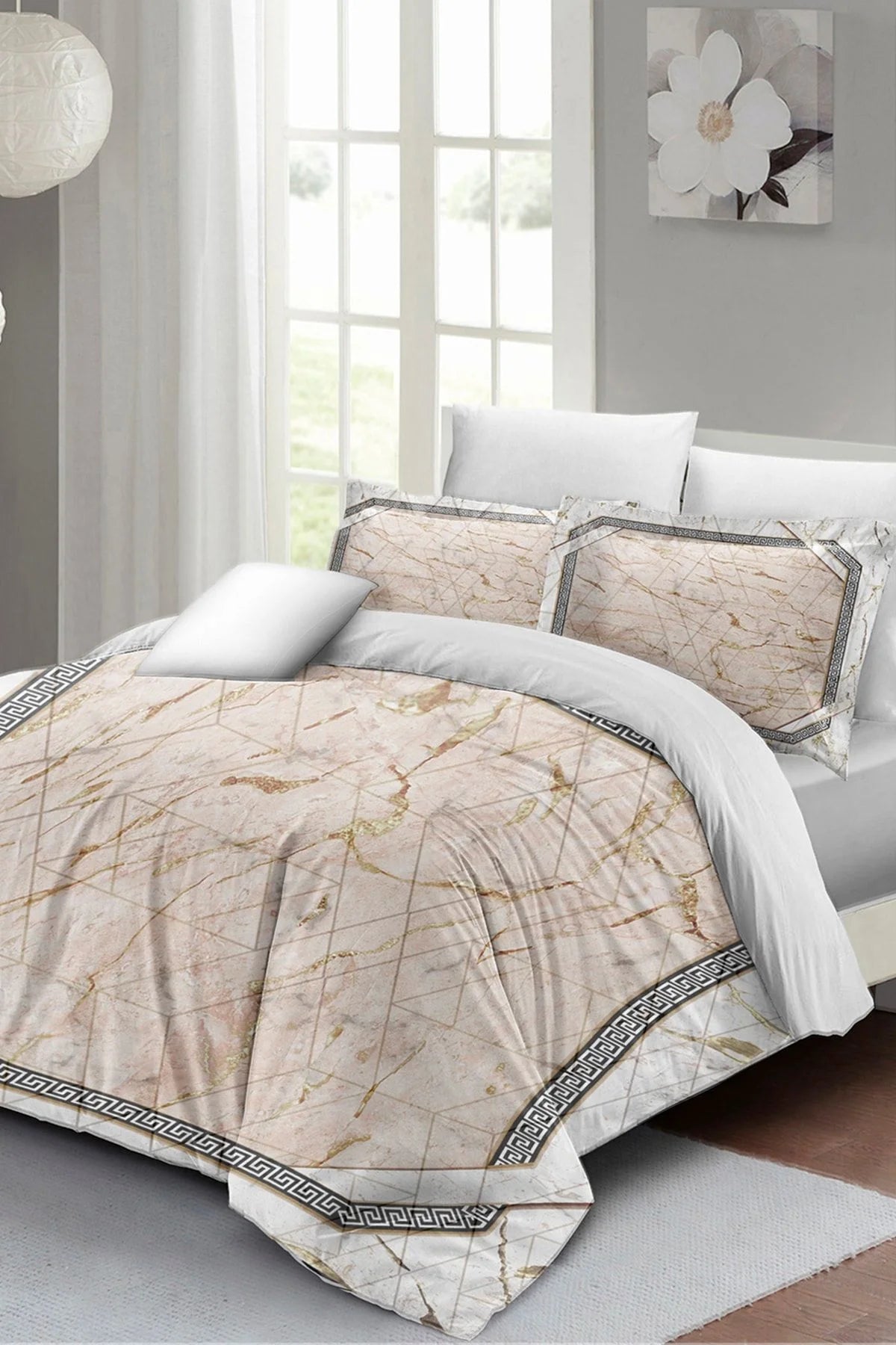 Nevresim Takımı Pamuk Saten Çift Kişilik 3D Digital Pink Marble