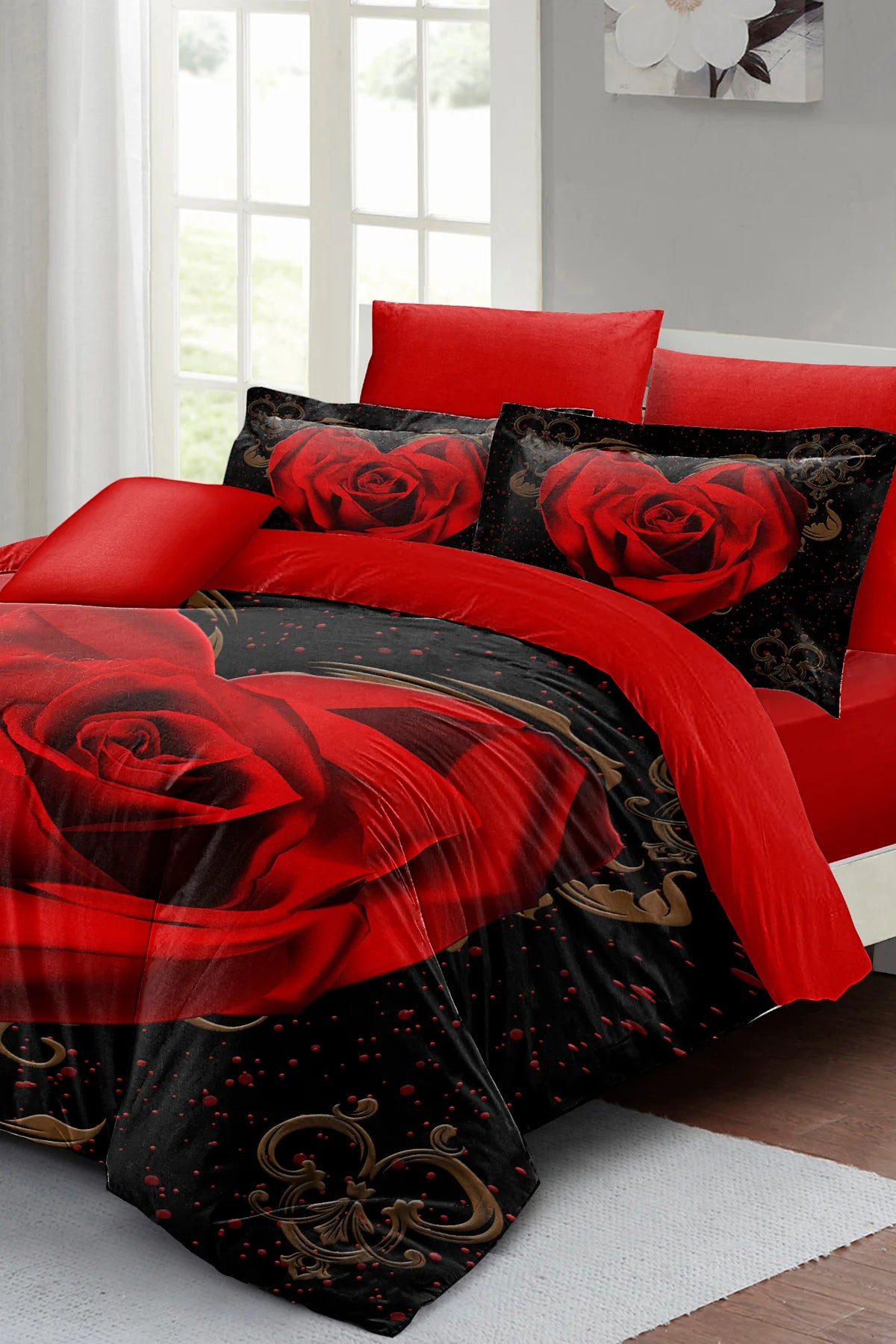 Nevresim Takımı Pamuk Saten Çift Kişilik 3D Digital Red Black Heart