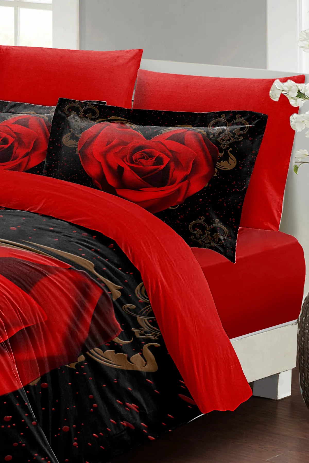 Nevresim Takımı Pamuk Saten Çift Kişilik 3D Digital Red Black Heart