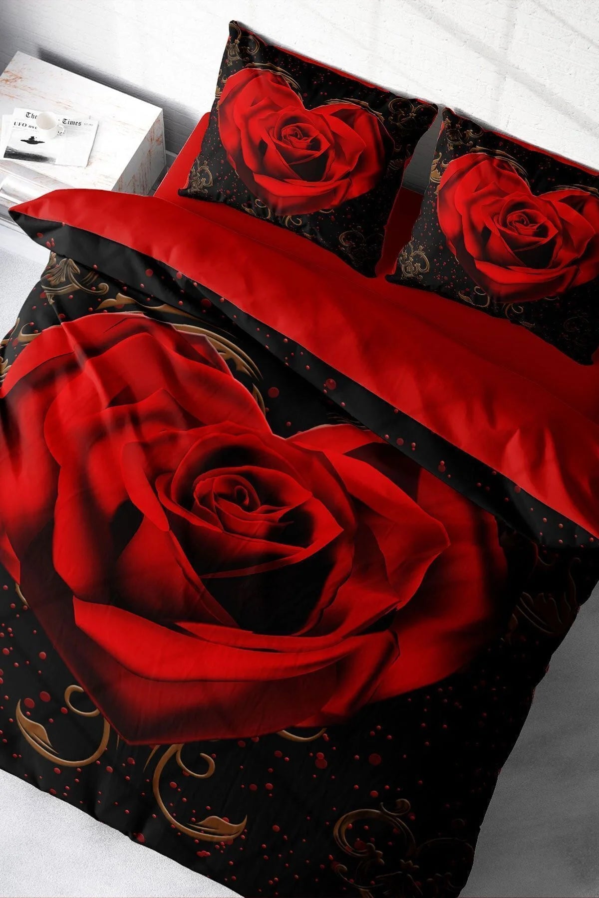 Nevresim Takımı Pamuk Saten Çift Kişilik 3D Digital Red Black Heart