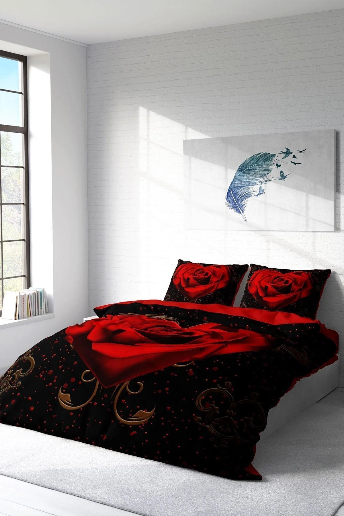 Nevresim Takımı Pamuk Saten Çift Kişilik 3D Digital Red Black Heart