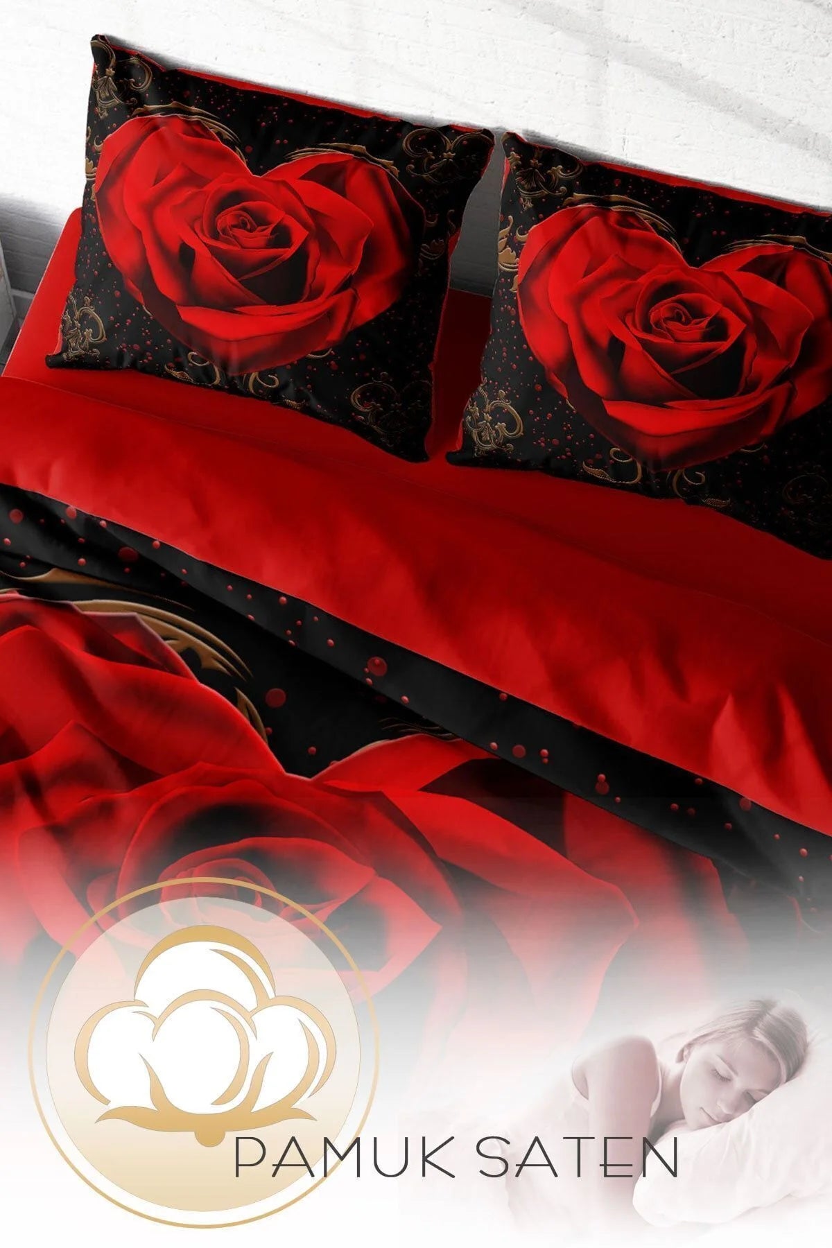 Nevresim Takımı Pamuk Saten Çift Kişilik 3D Digital Red Black Heart