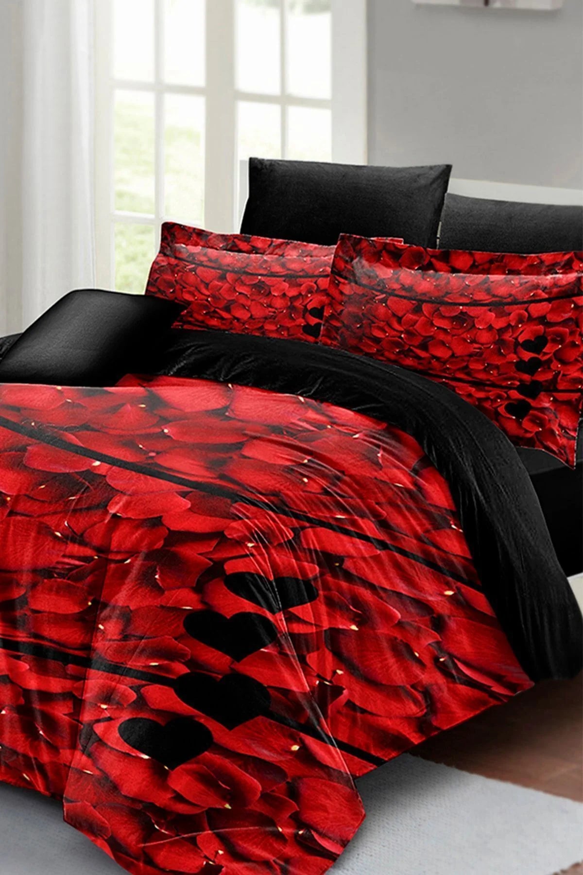 Nevresim Takımı Pamuk Saten Çift Kişilik 3D Digital Rose Feather