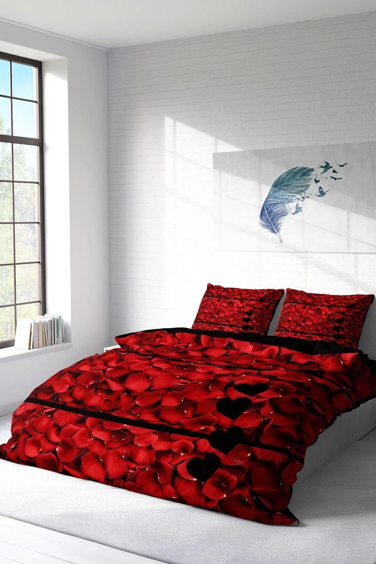 Nevresim Takımı Pamuk Saten Çift Kişilik 3D Digital Rose Feather