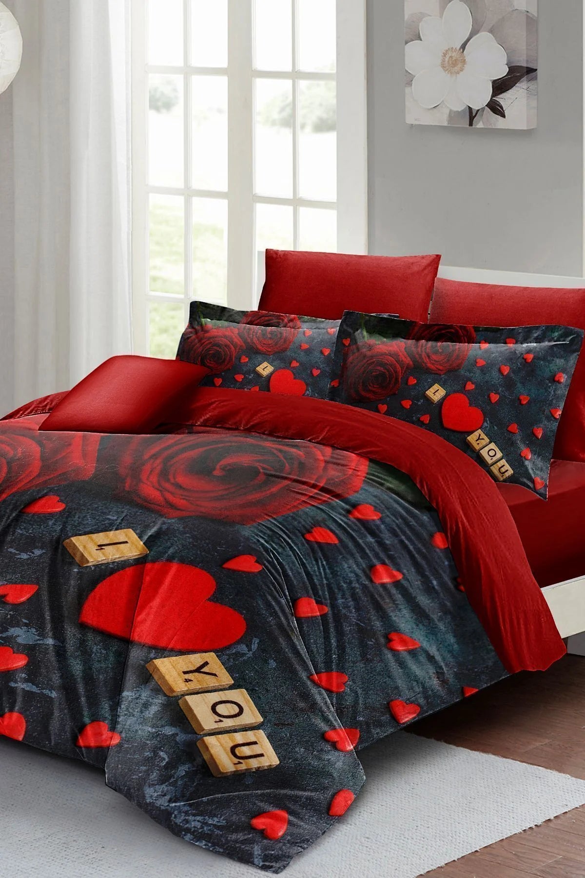 Nevresim Takımı Pamuk Saten Çift Kişilik 3D Digital Roses Marble