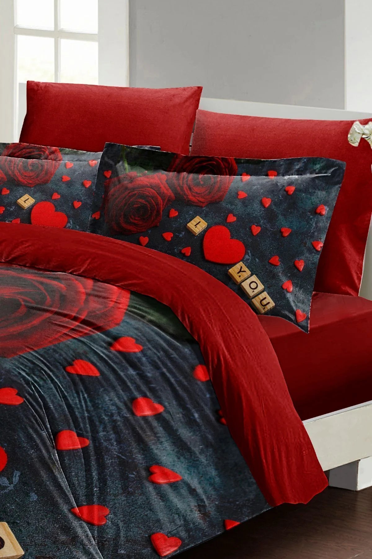 Nevresim Takımı Pamuk Saten Çift Kişilik 3D Digital Roses Marble