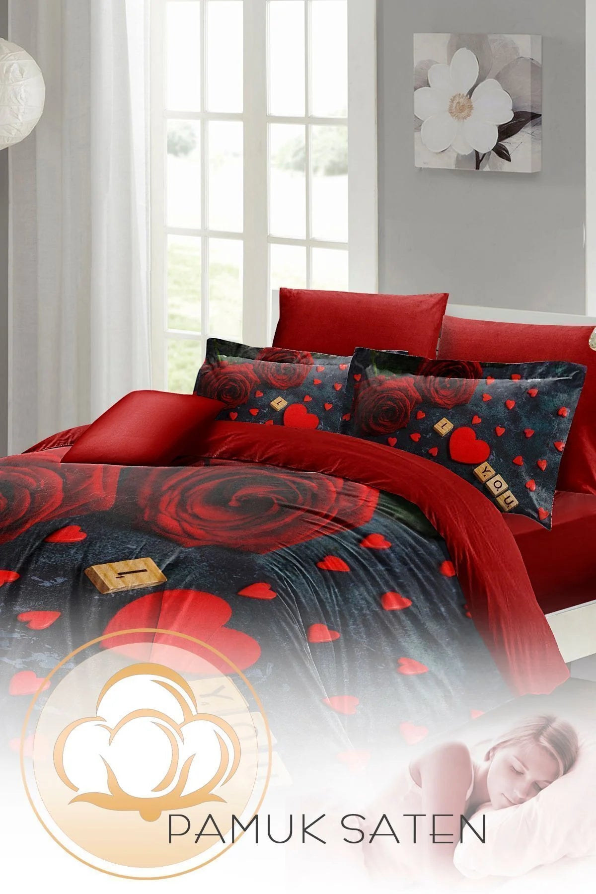 Nevresim Takımı Pamuk Saten Çift Kişilik 3D Digital Roses Marble