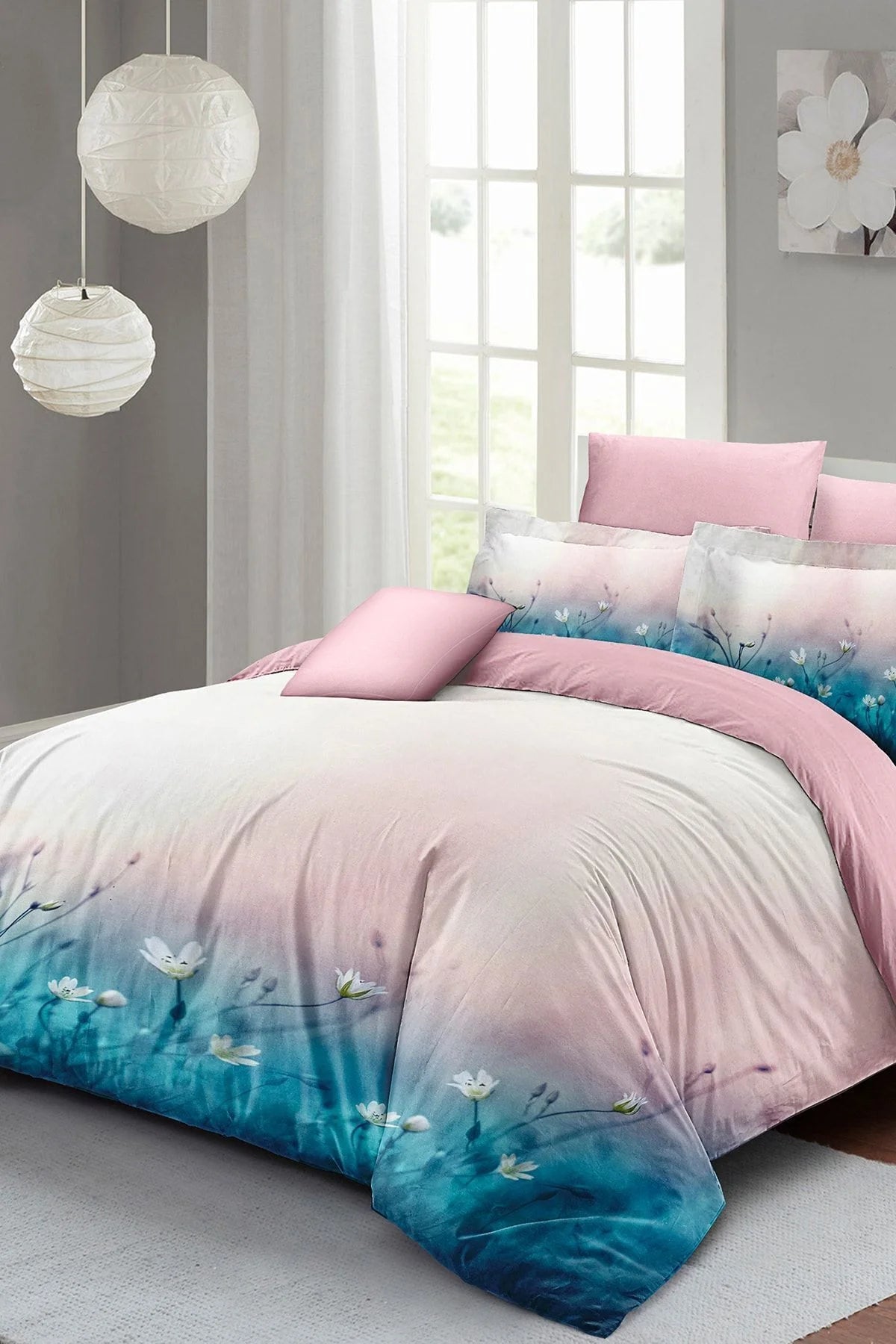 Nevresim Takımı Pamuk Saten Çift Kişilik 3D Digital Soft Blue