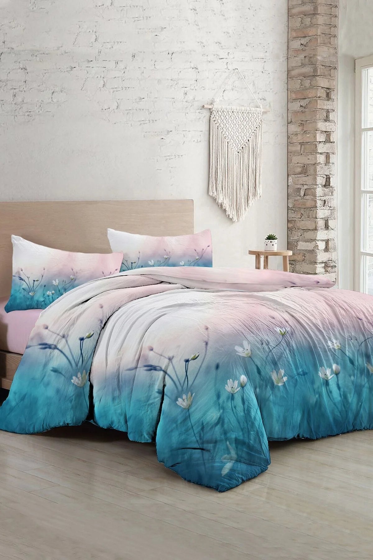 Nevresim Takımı Pamuk Saten Çift Kişilik 3D Digital Soft Blue