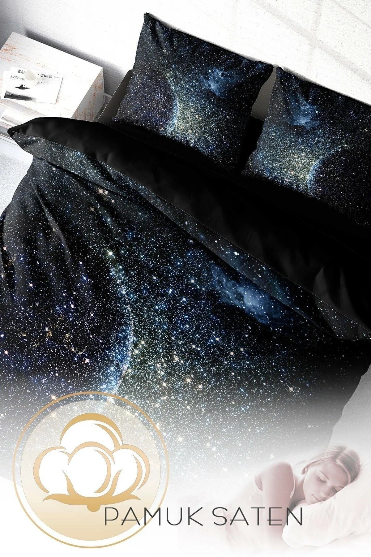 Nevresim Takımı Pamuk Saten Çift Kişilik 3D Digital Star Moon