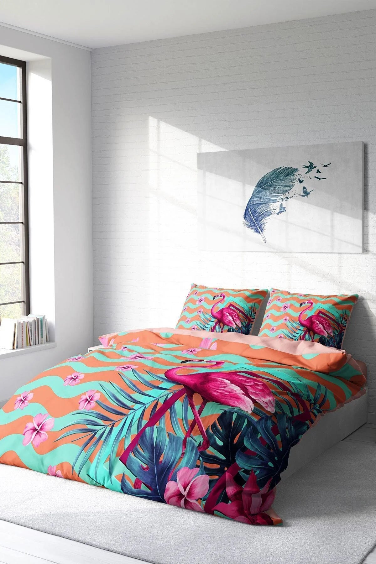 Nevresim Takımı Pamuk Saten Çift Kişilik 3D Digital Turkuaz Flamingo