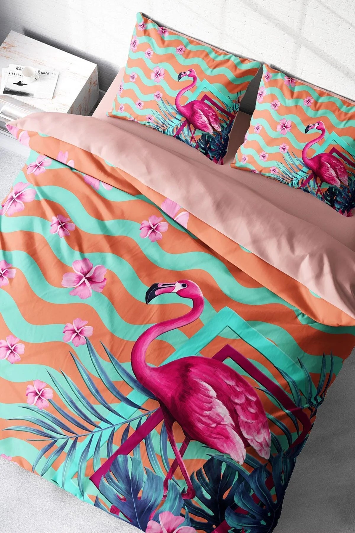 Nevresim Takımı Pamuk Saten Çift Kişilik 3D Digital Turkuaz Flamingo