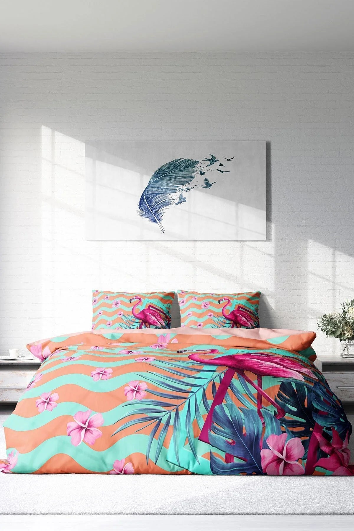 Nevresim Takımı Pamuk Saten Çift Kişilik 3D Digital Turkuaz Flamingo