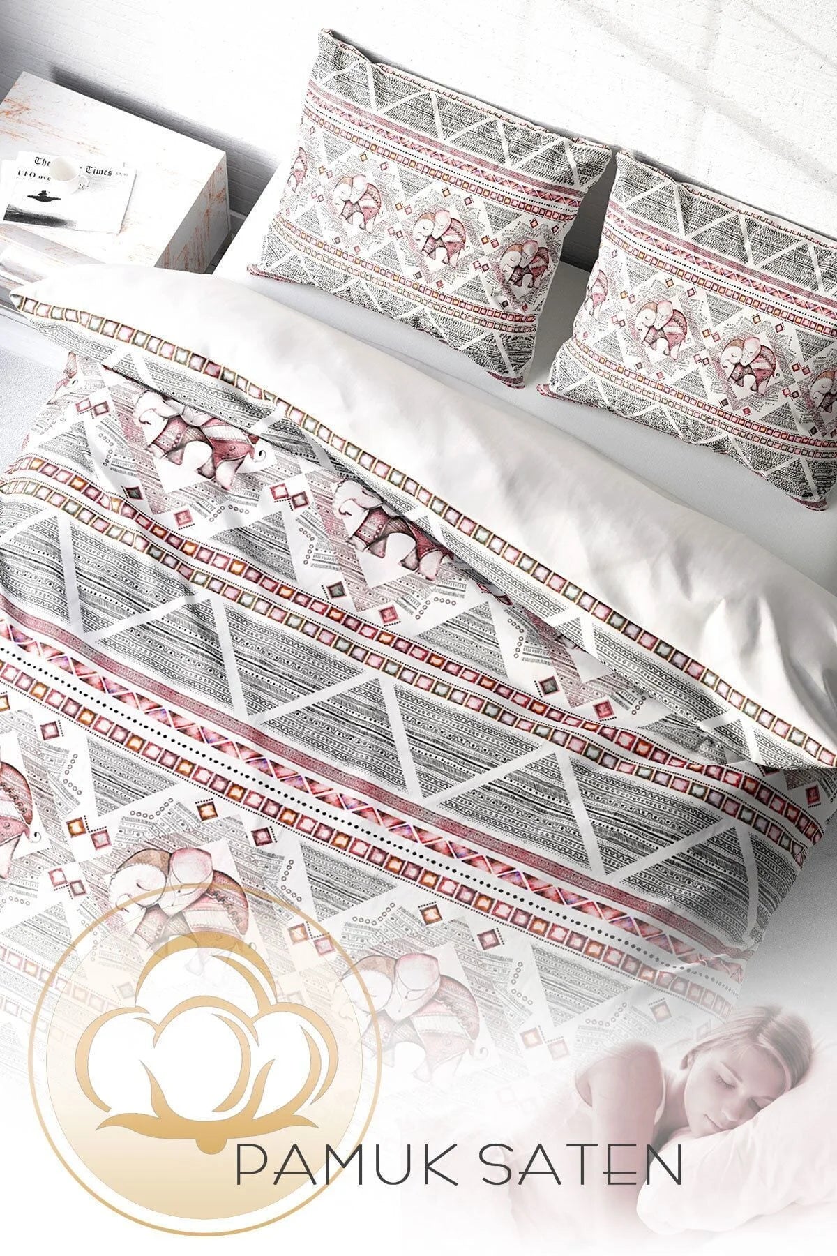 Nevresim Takımı Pamuk Saten Çift Kişilik 3D Digital Vintage Elephant-2