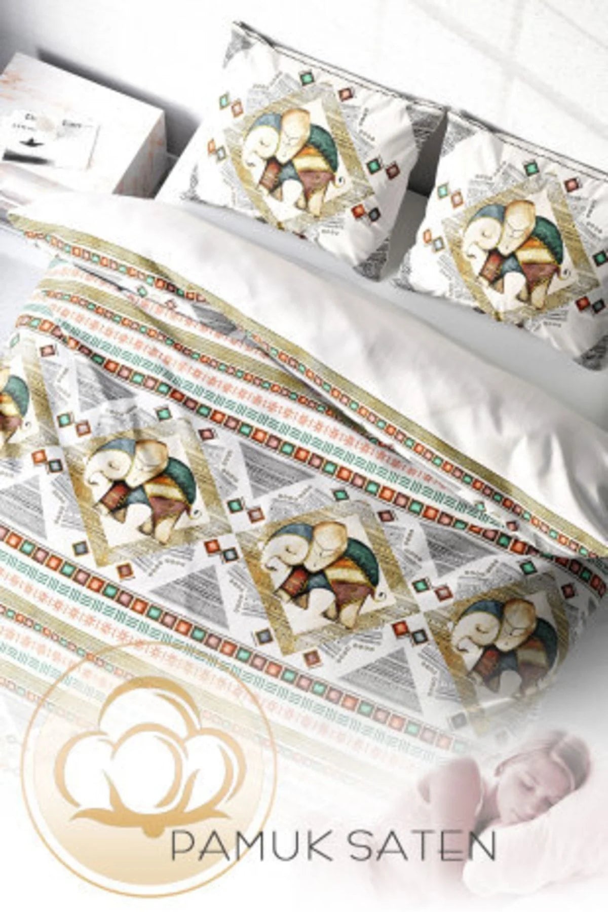 Nevresim Takımı Pamuk Saten Çift Kişilik 3D Digital Vintage Elephant