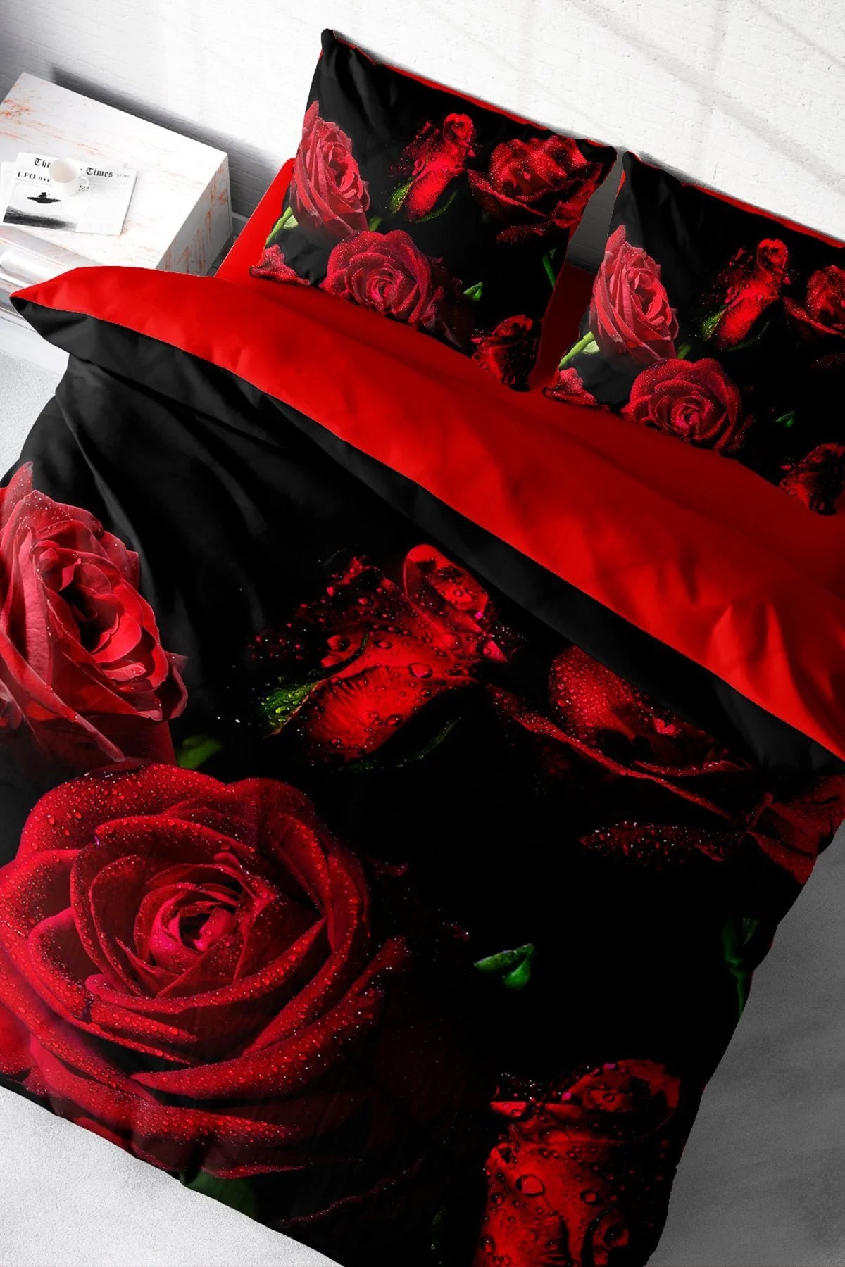 Nevresim Takımı Pamuk Saten Çift Kişilik 3D Digital Water Drop Rose