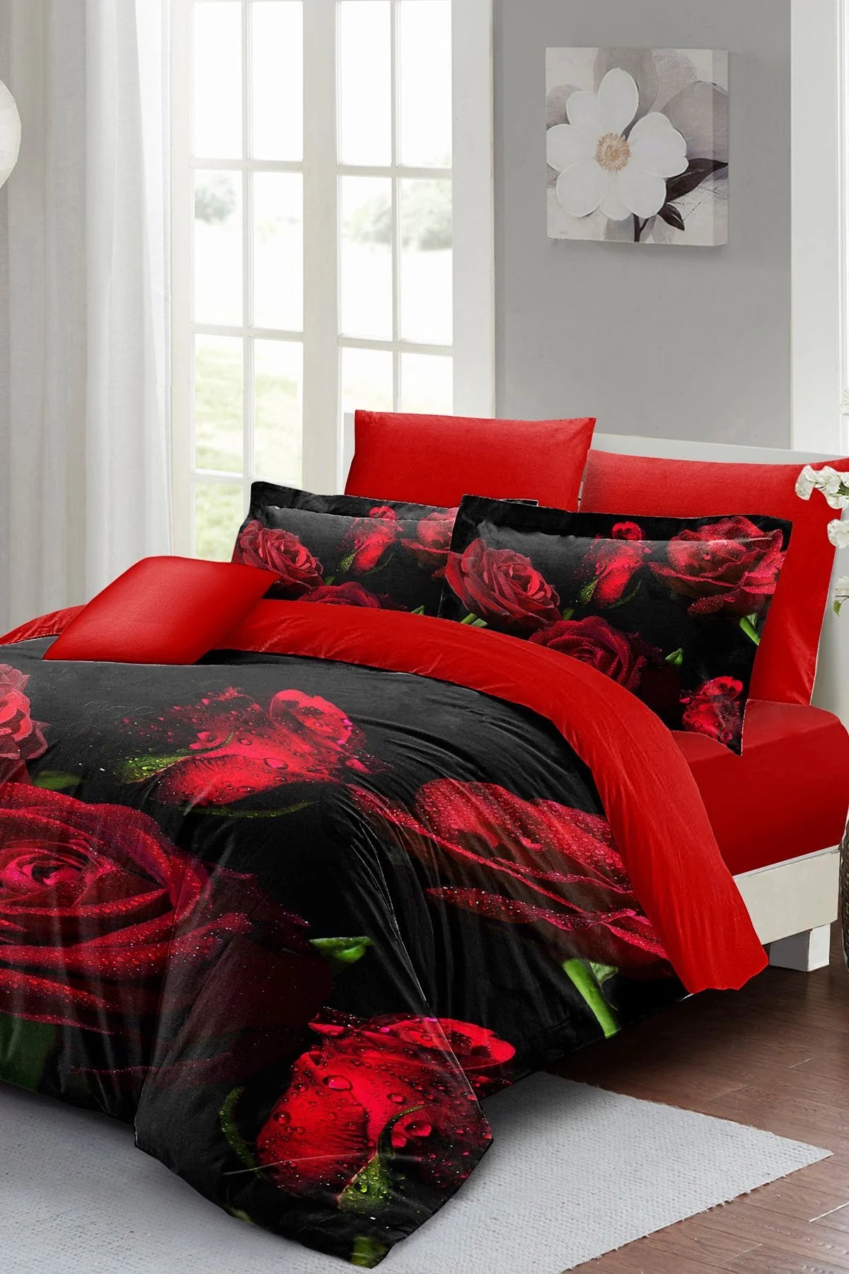 Nevresim Takımı Pamuk Saten Çift Kişilik 3D Digital Water Drop Rose