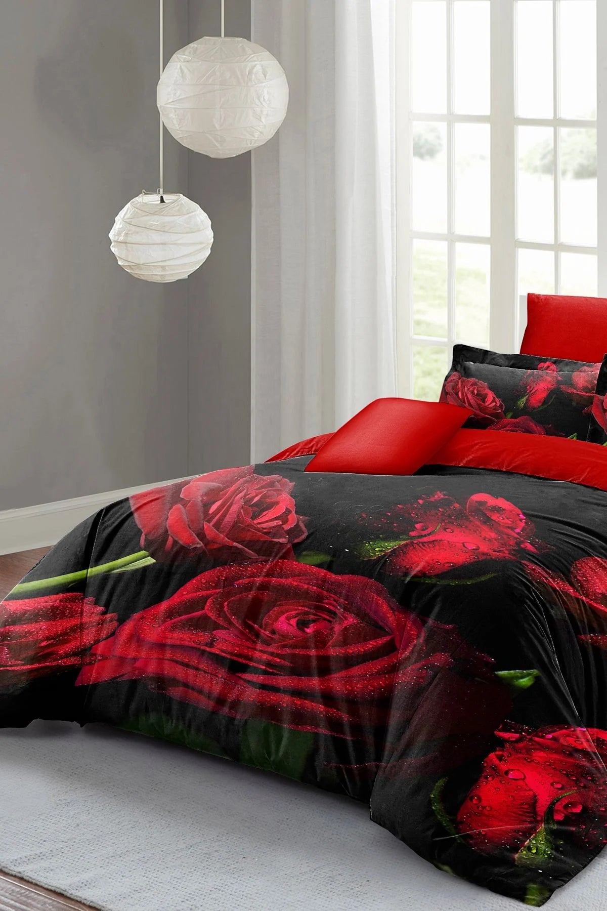 Nevresim Takımı Pamuk Saten Çift Kişilik 3D Digital Water Drop Rose