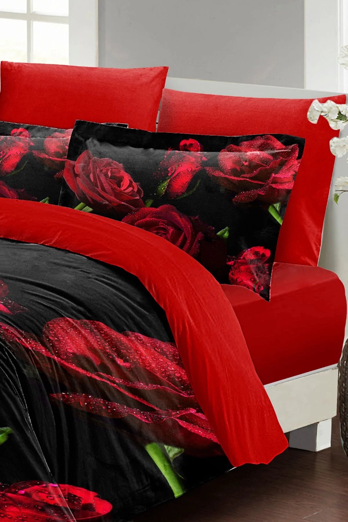 Nevresim Takımı Pamuk Saten Çift Kişilik 3D Digital Water Drop Rose