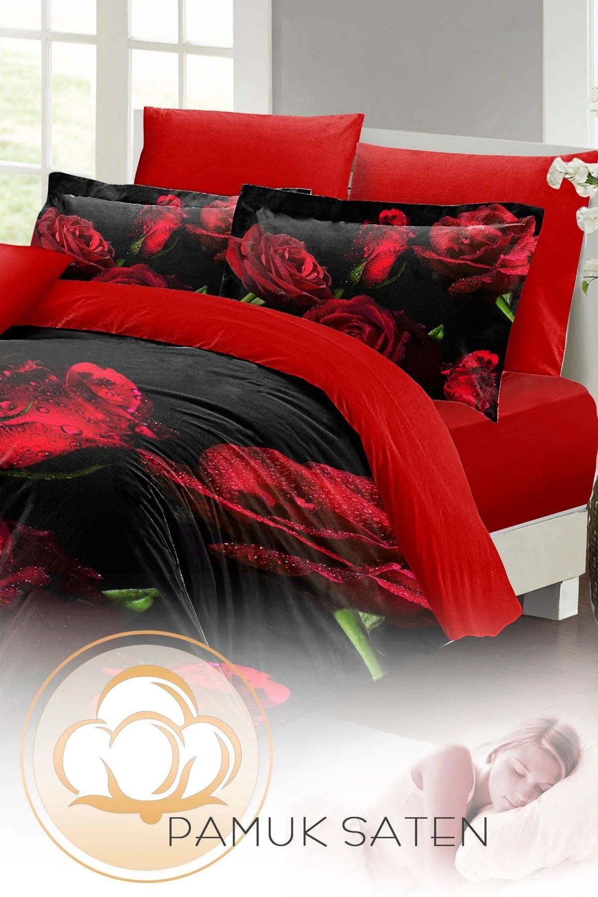 Nevresim Takımı Pamuk Saten Çift Kişilik 3D Digital Water Drop Rose