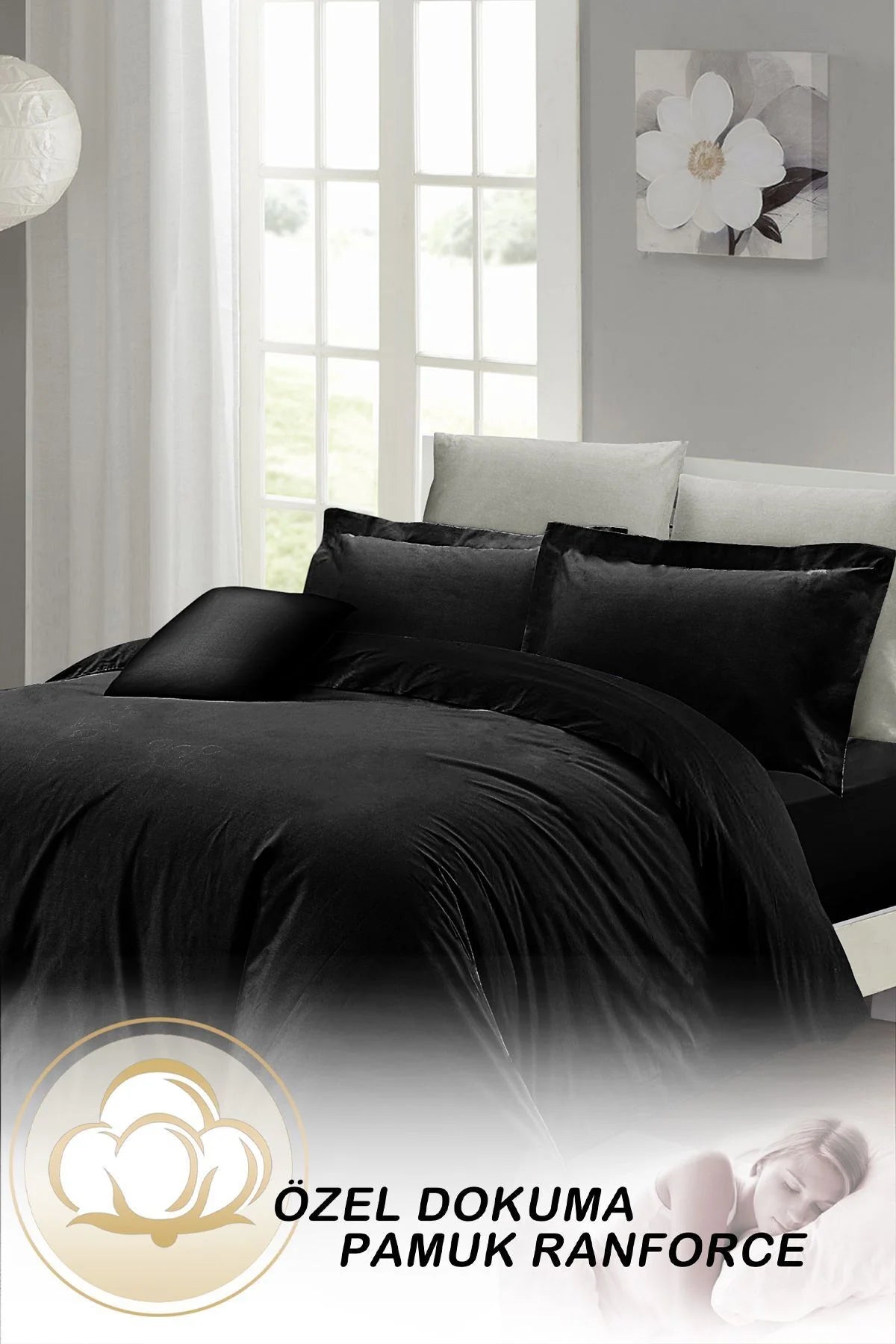 Nevresim Takımı Pamuk Saten Çift Kişilik Siyah Lux Pamuk Percale