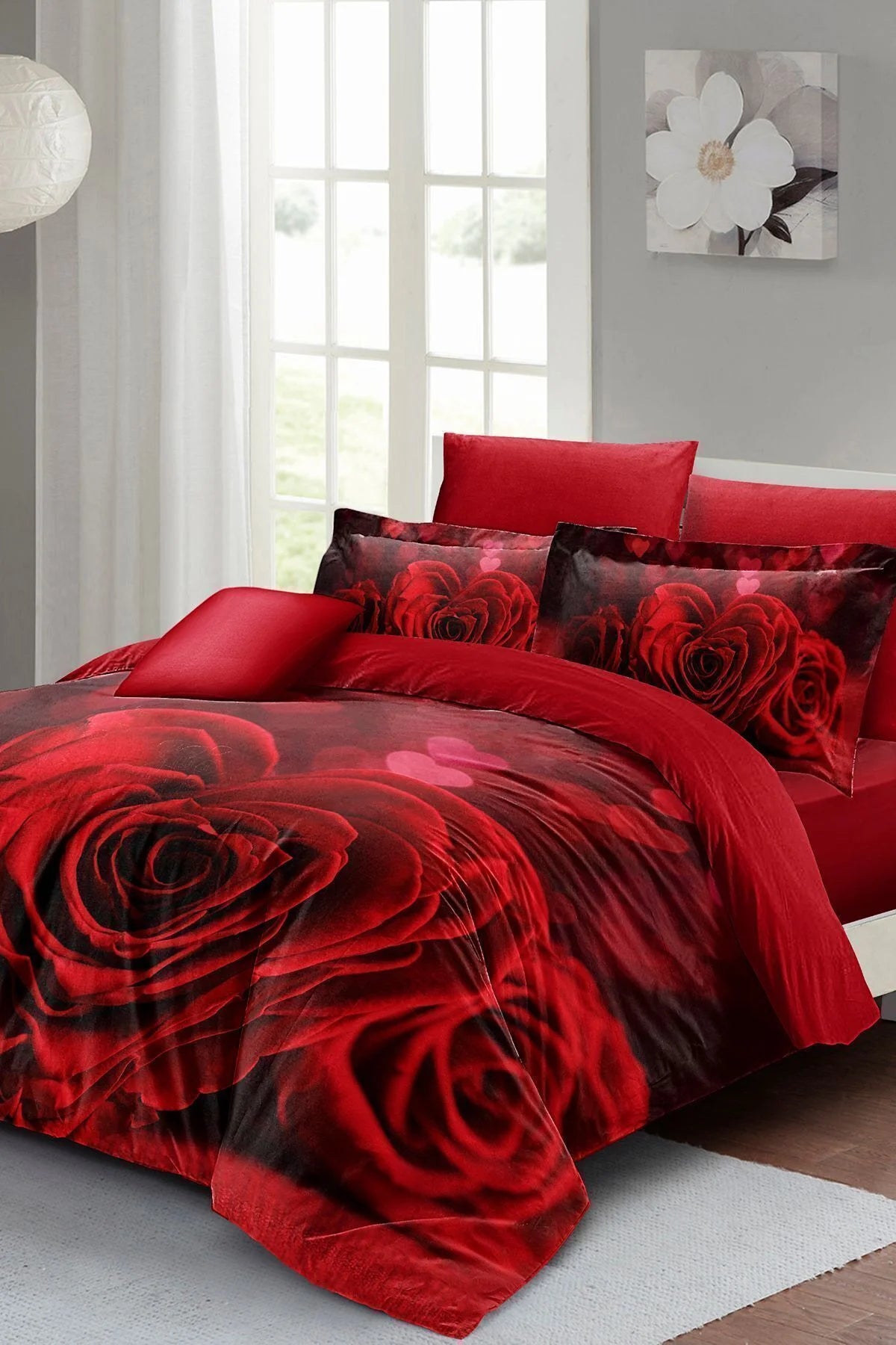 Nevresim Takımı %100 Doğal Pamuk Çift Kişilik 3D Digital Roses Love Heart