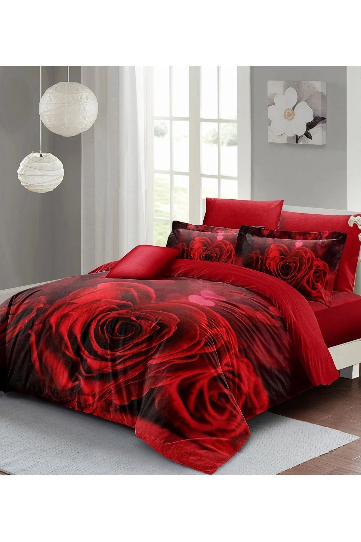 Nevresim Takımı %100 Doğal Pamuk Çift Kişilik 3D Digital Roses Love Heart