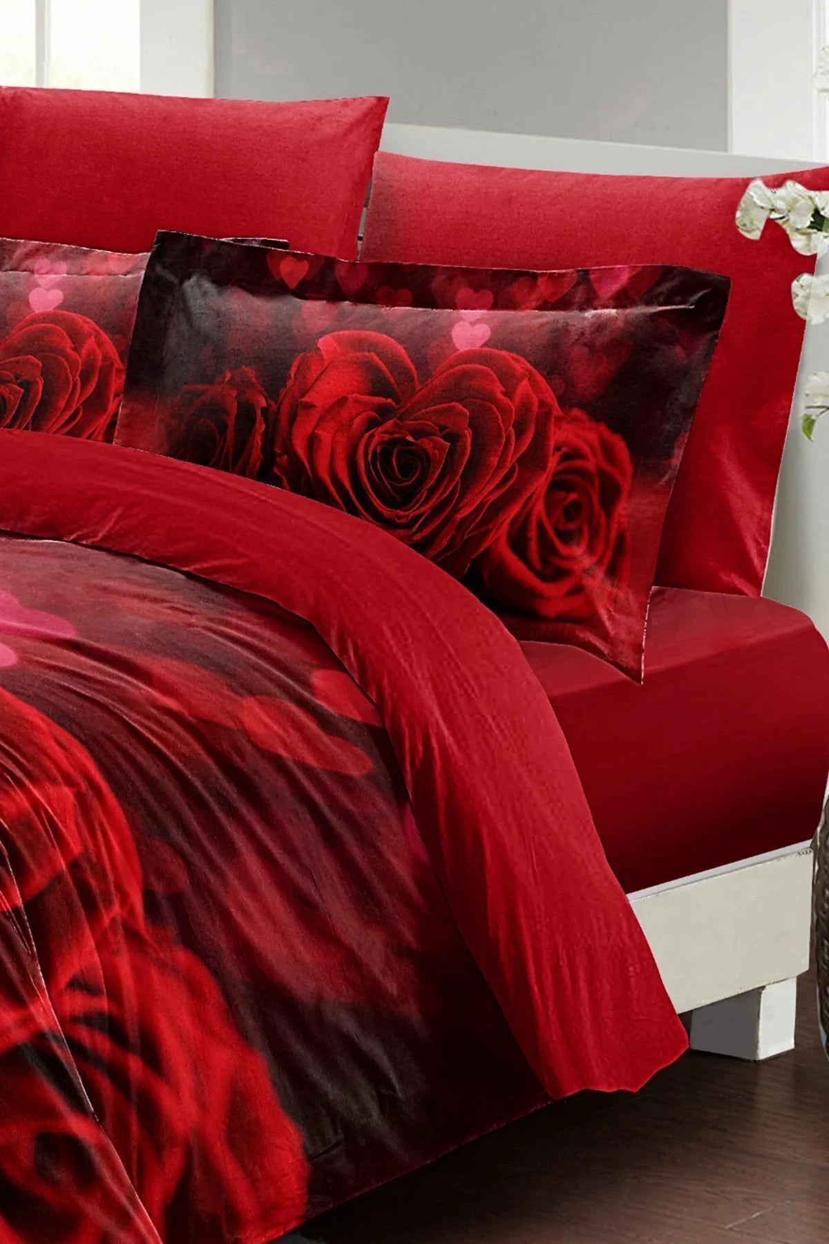 Nevresim Takımı %100 Doğal Pamuk Çift Kişilik 3D Digital Roses Love Heart