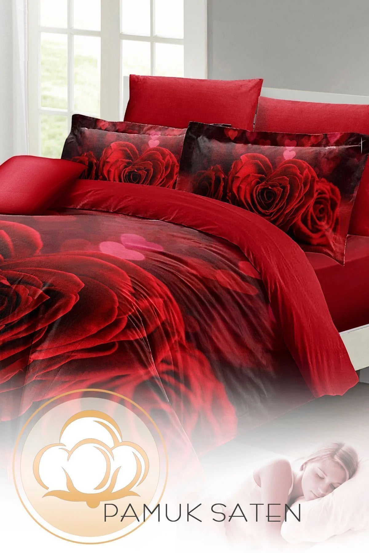 Nevresim Takımı %100 Doğal Pamuk Çift Kişilik 3D Digital Roses Love Heart