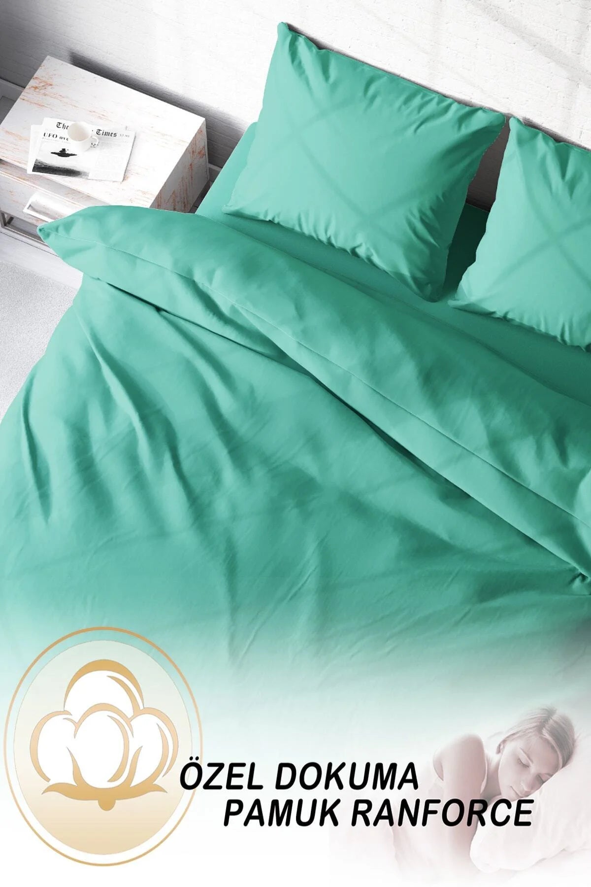 Nevresim Takımı %100 Doğal Pamuk Çift Kişilik 3D Digital Yeşil Lux Pamuk Percale