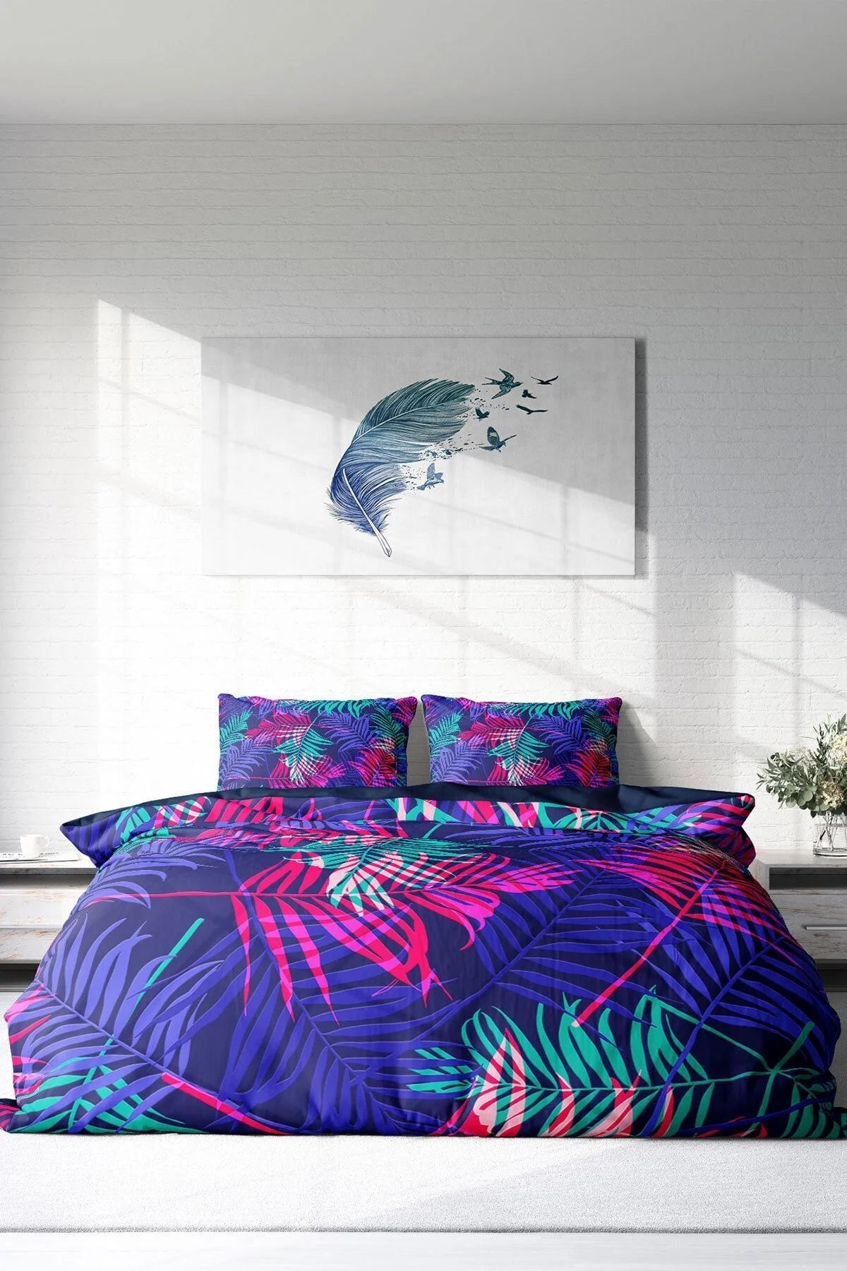 Palm Color 3D Pamuk Saten Çift Kişilik Nevresim Takımı