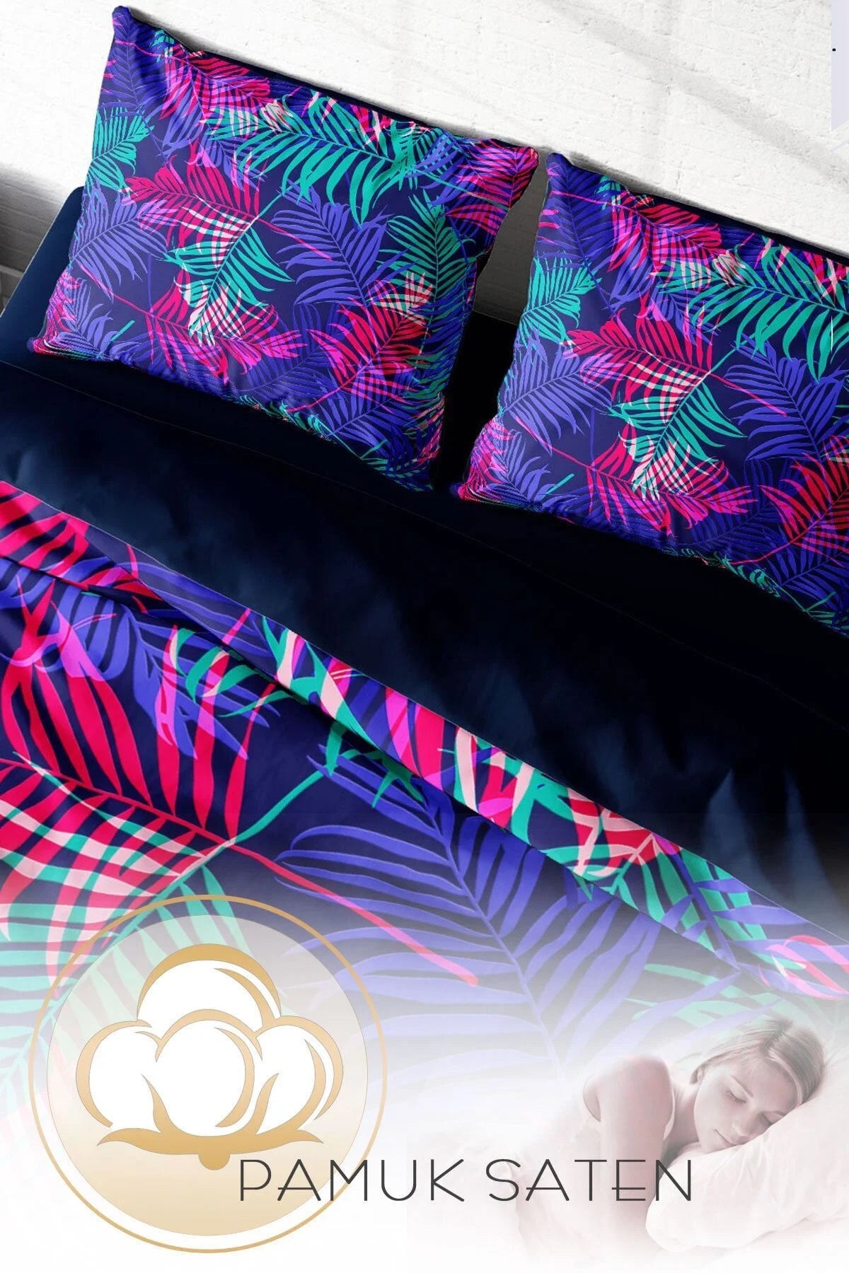 Palm Color 3D Pamuk Saten Çift Kişilik Nevresim Takımı