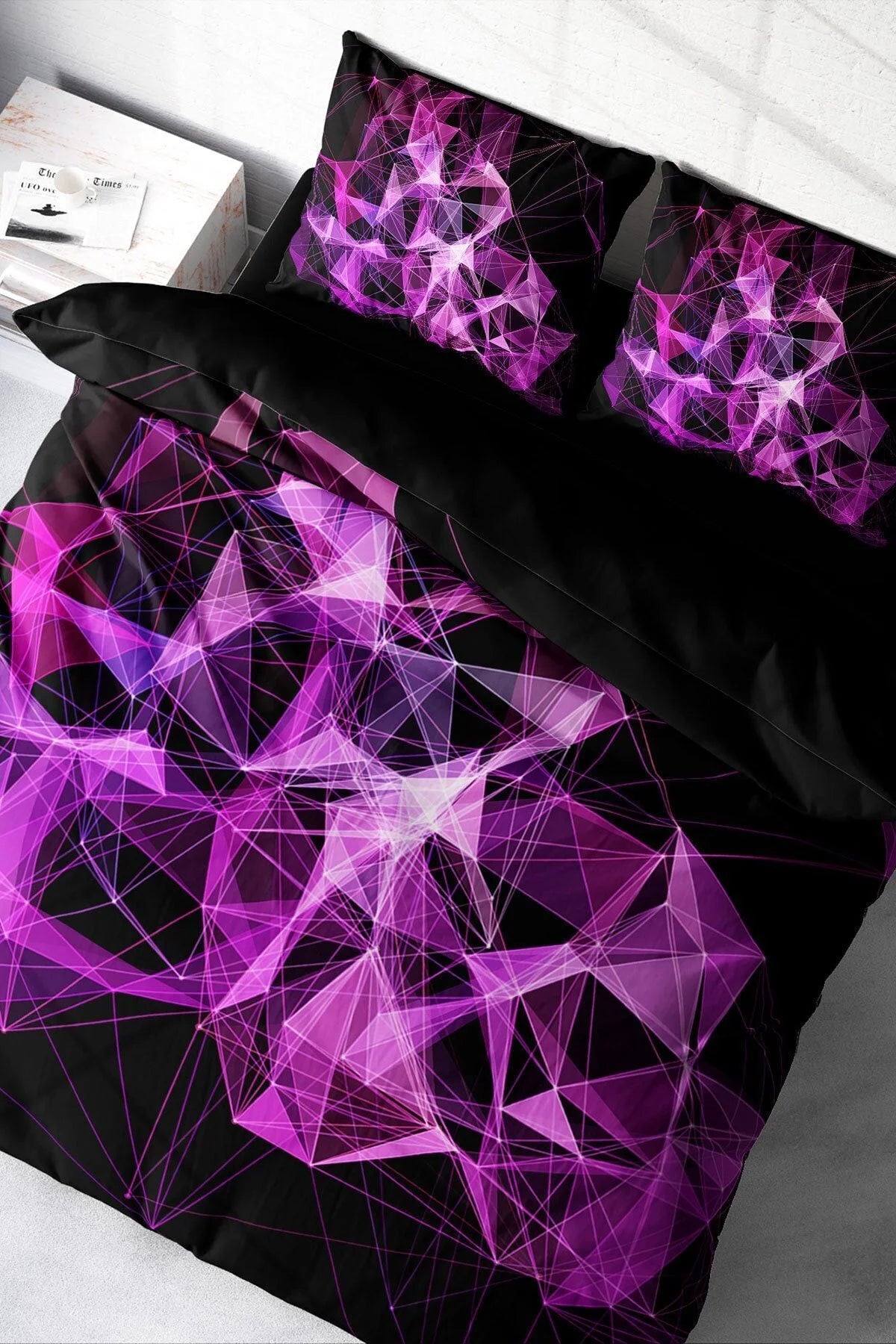 Pamuk Saten Çift Kişilik Nevresim Takımı Özel Dokuma 3D Dijital Purple Diamonds