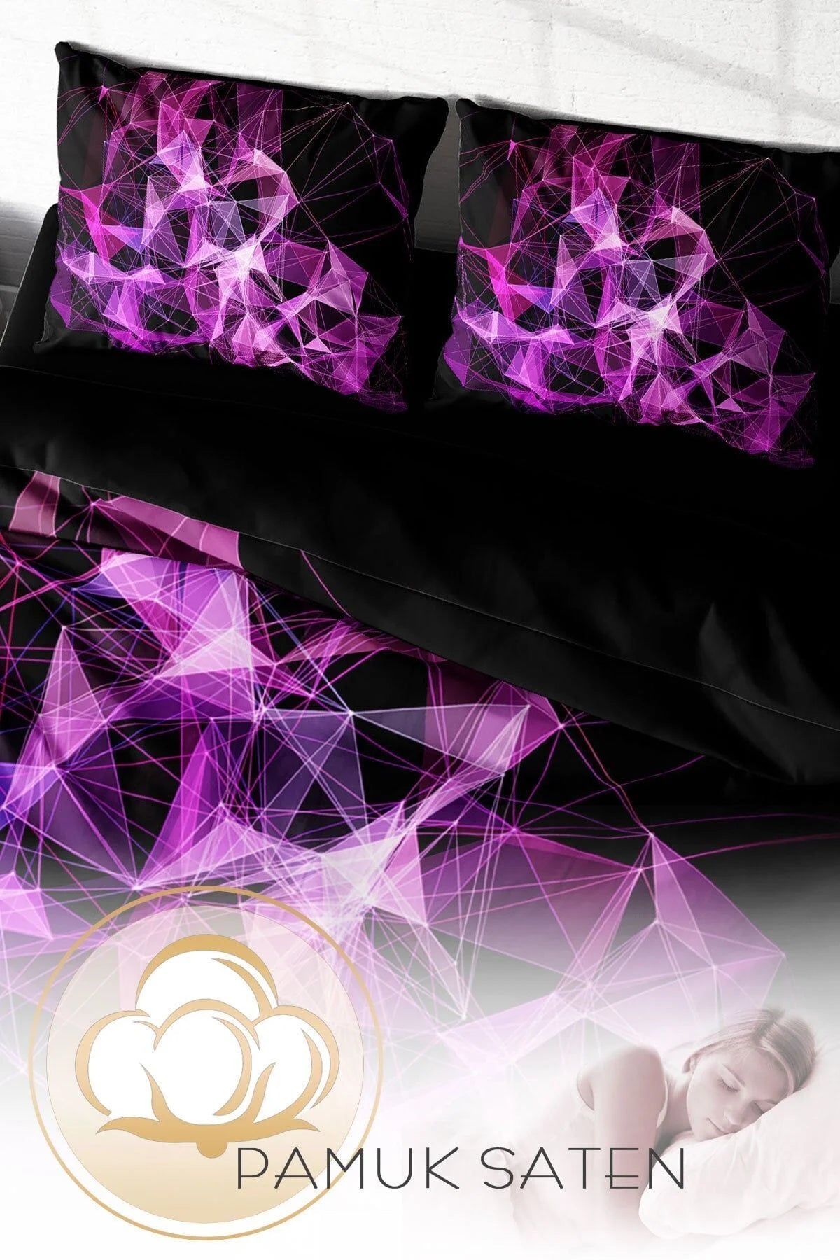 Pamuk Saten Çift Kişilik Nevresim Takımı Özel Dokuma 3D Dijital Purple Diamonds