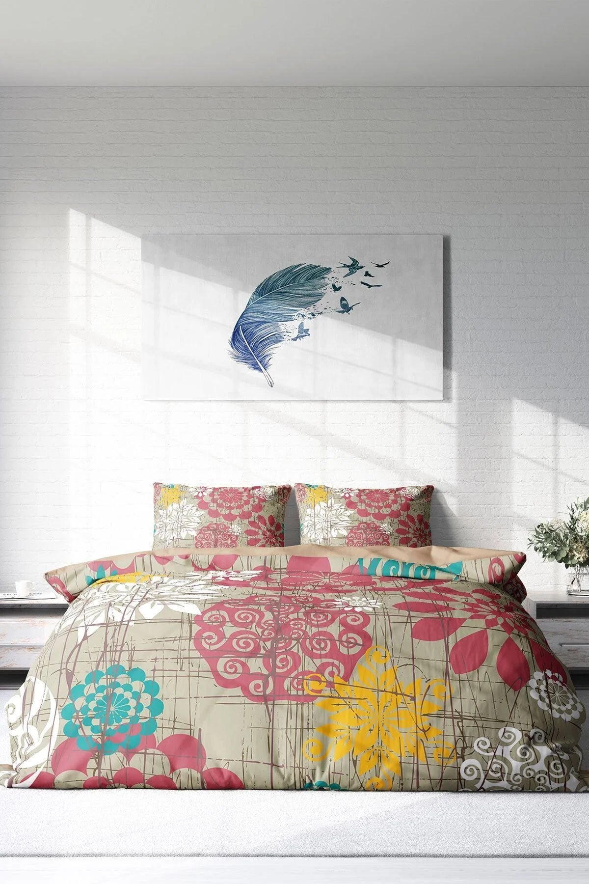 Past Tense Flowers Naturel Çift Kişilik Nevresim Takımı