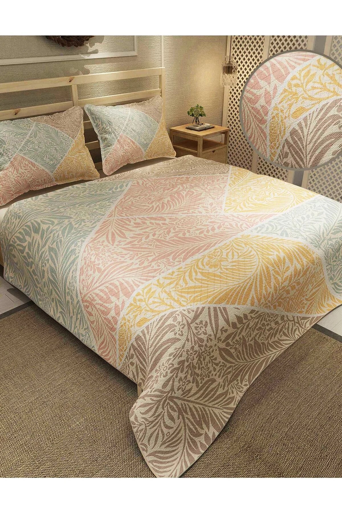 Pike Takımı Pamuklu Battal Boy Jakar Dokuma Yatak Örtüsü Mix Leaf