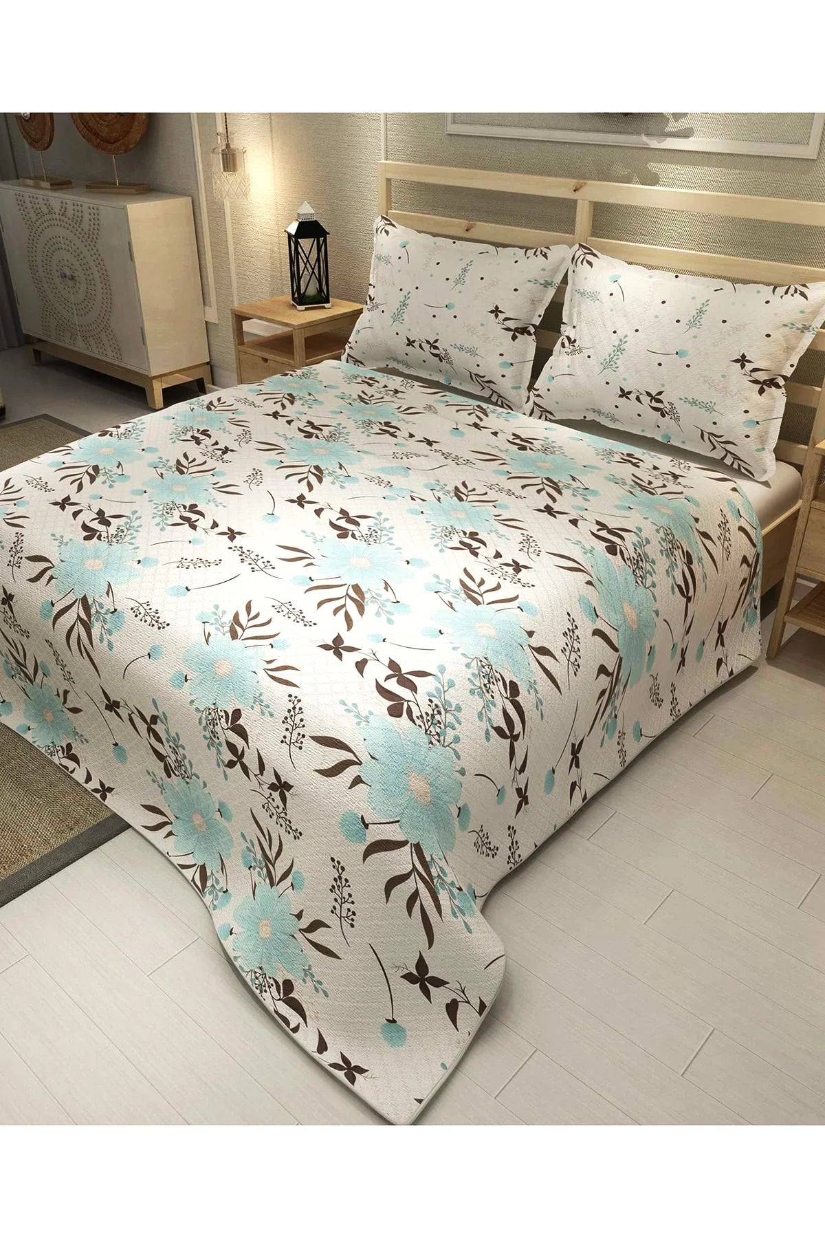 Pike Takımı Pamuklu Çift Kişilik Jakar Dokuma Yatak Örtüsü Blue Daisy