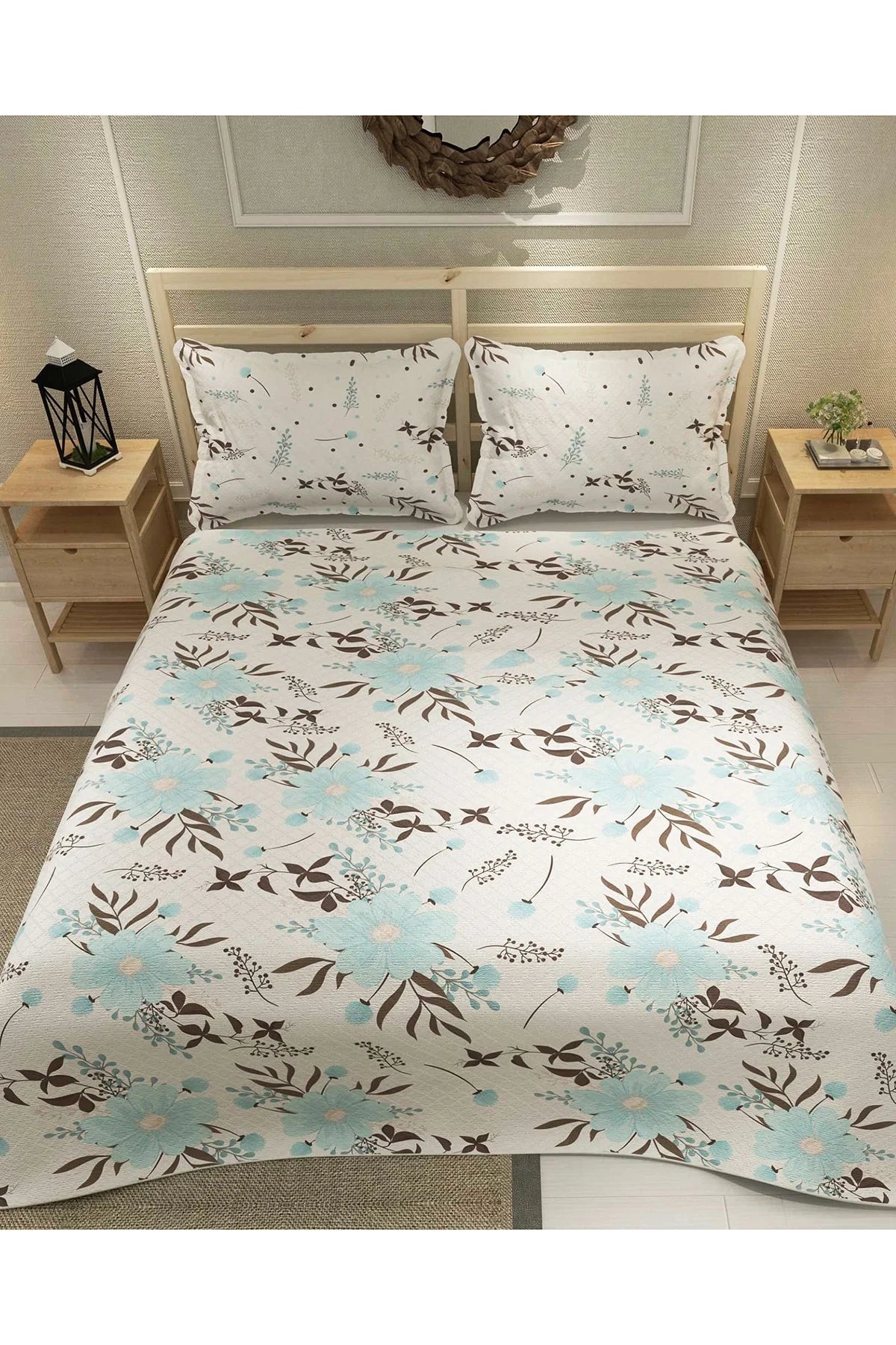 Pike Takımı Pamuklu Çift Kişilik Jakar Dokuma Yatak Örtüsü Blue Daisy