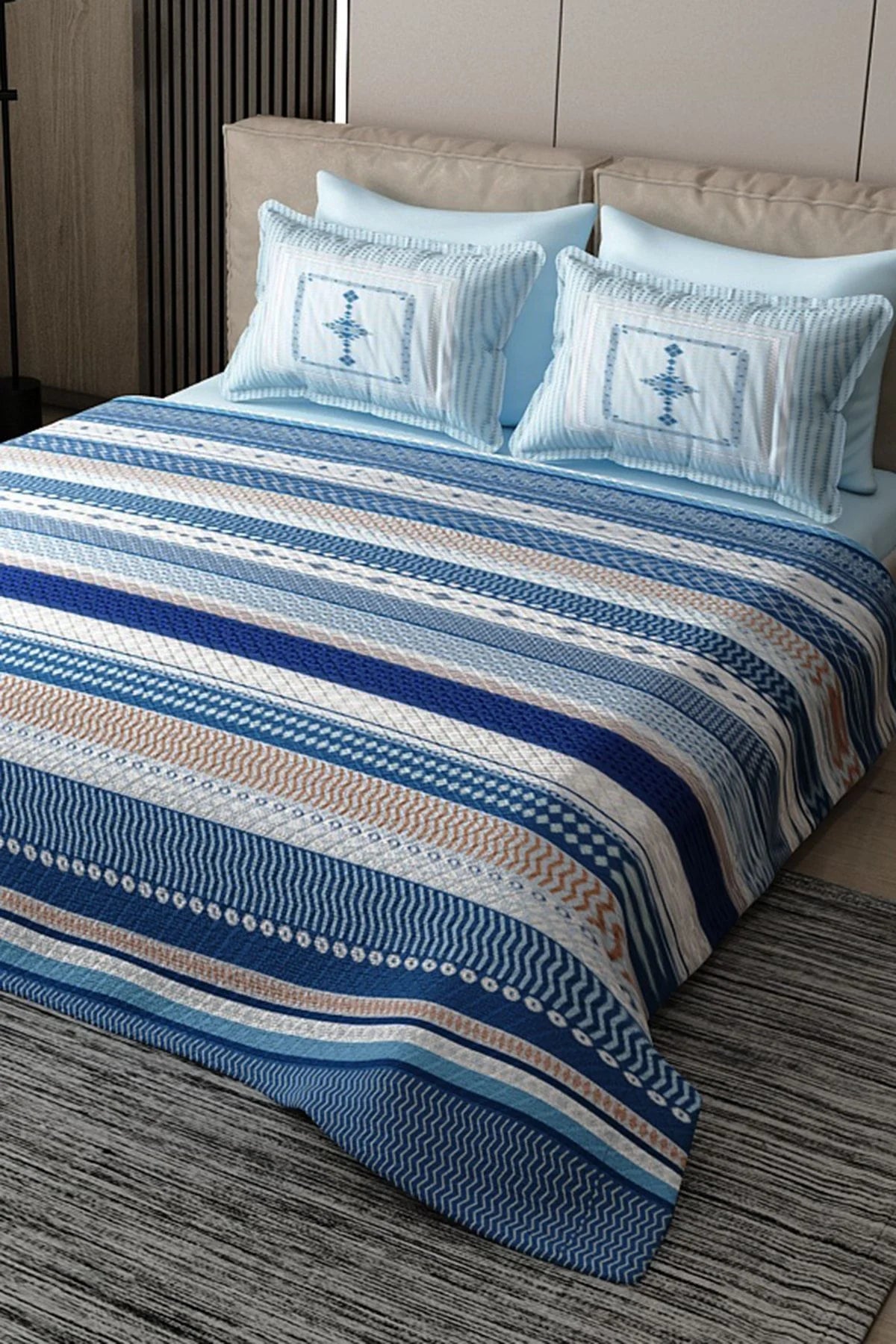 Pike Takımı Pamuklu Çift Kişilik Jakar Dokuma Yatak Örtüsü Blue Deep